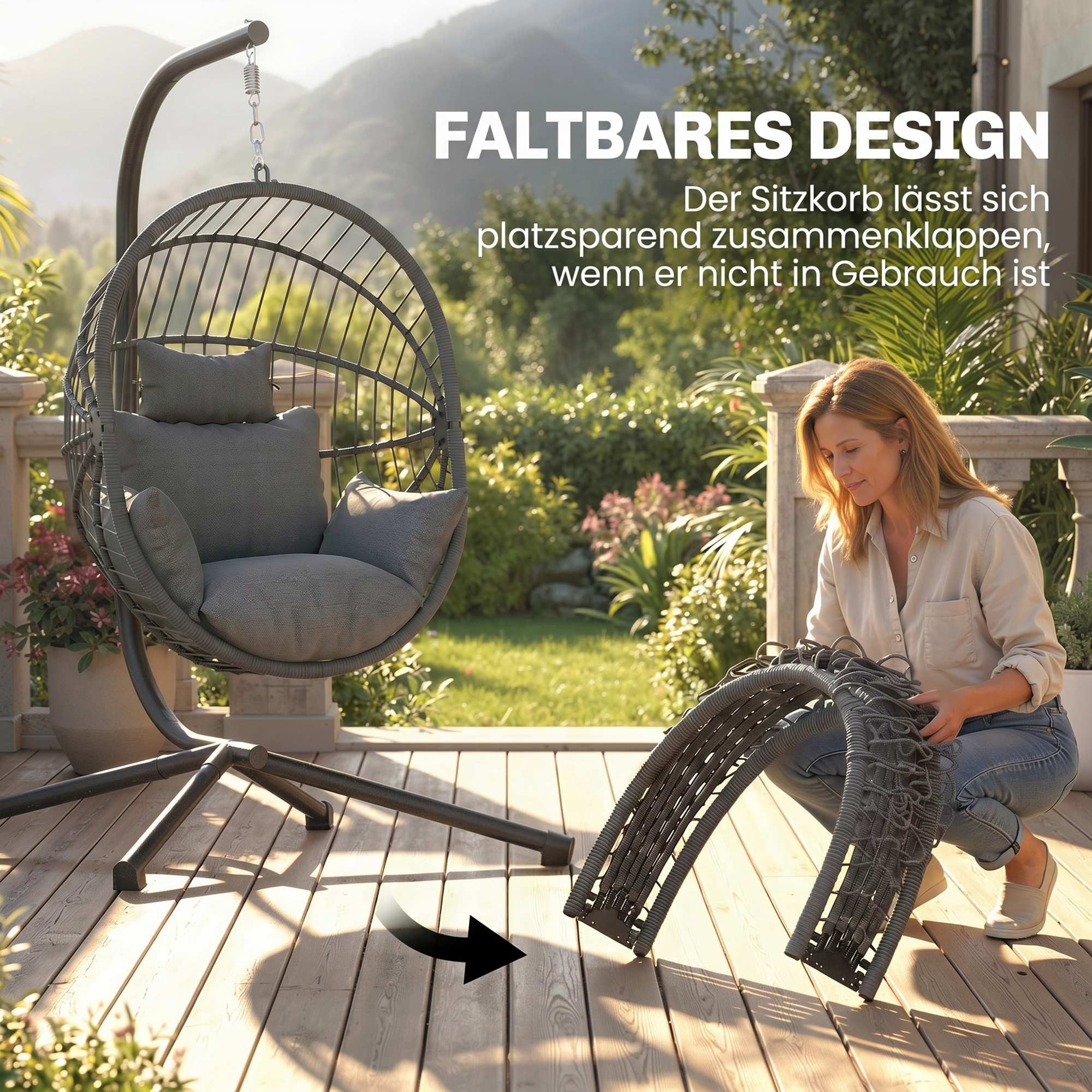 Outsunny Hängesessel Eiförmiger Hängeschaukel mit Kissen, faltbar Hängematte (Sitzkorb, 1-St., Becherhalter), Rattanoptik für Indoor, Outdoor, bis 120 kg Belast – Bild 5 von 5