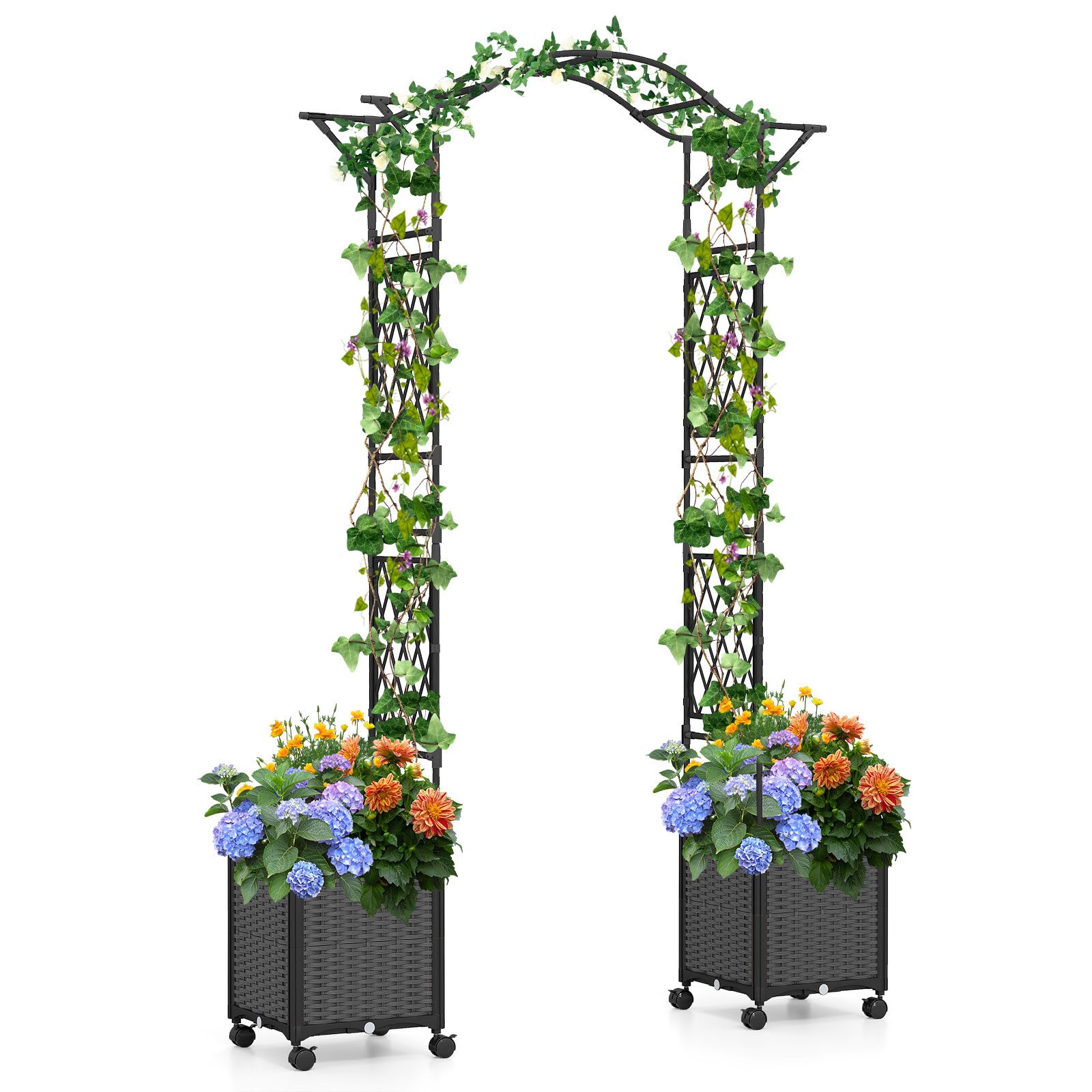 COSTWAY Blumenkasten (1 St), Rosenbogen mit Blumenkasten & Rollen, Gartenbogen, 250cm