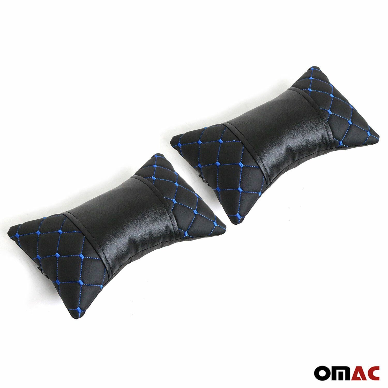 OMAC Autokopfstütze 2 Stück KFZ Auto Kissen Autositzkissen Leder Schwarz Blau 8x30 cm