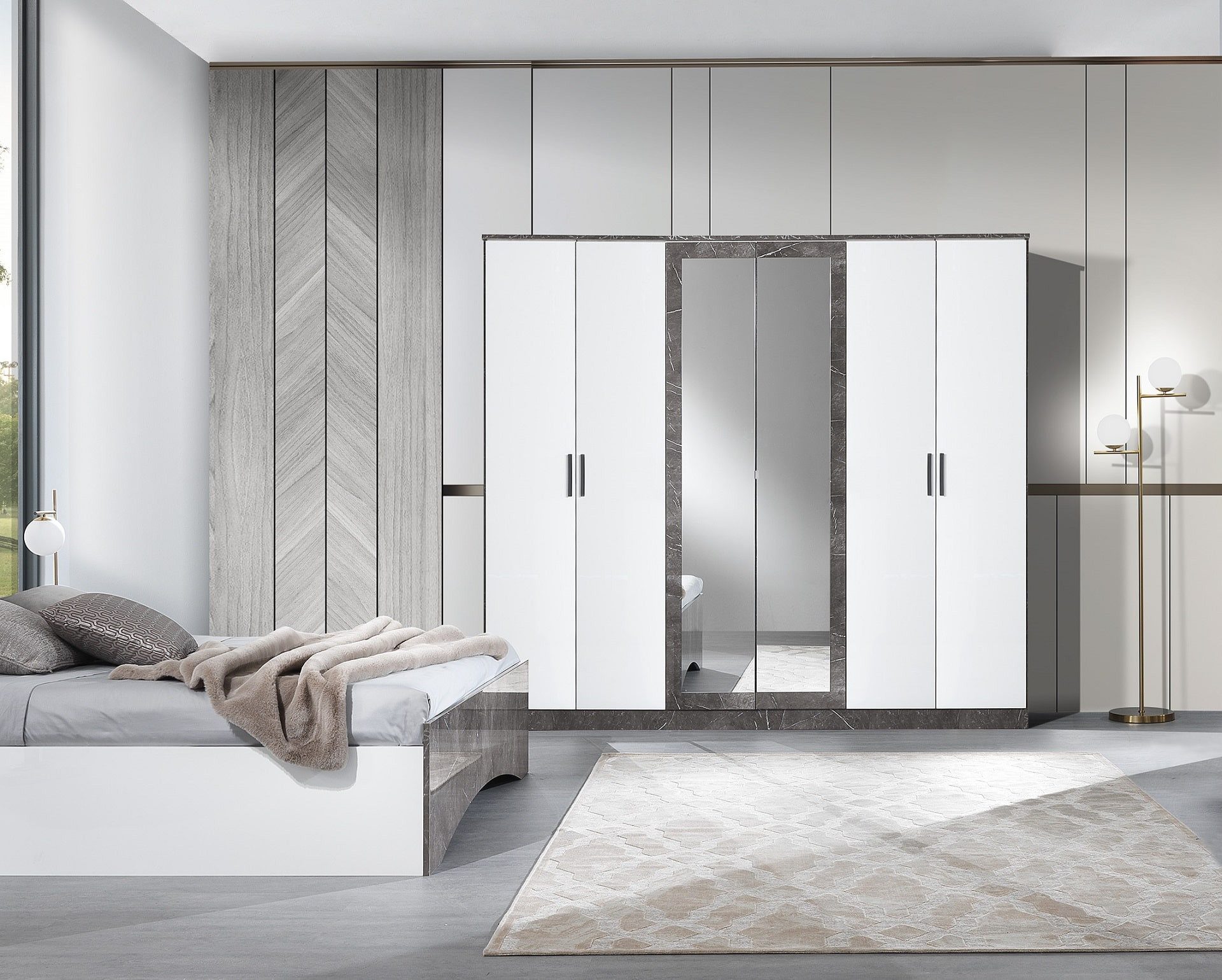 Interdesign24 Schlafzimmer-Set Iris, (4-Teilig, mit Kopfteilpolsterung, in Weiß/Grau Hochglanz), Made in Italy