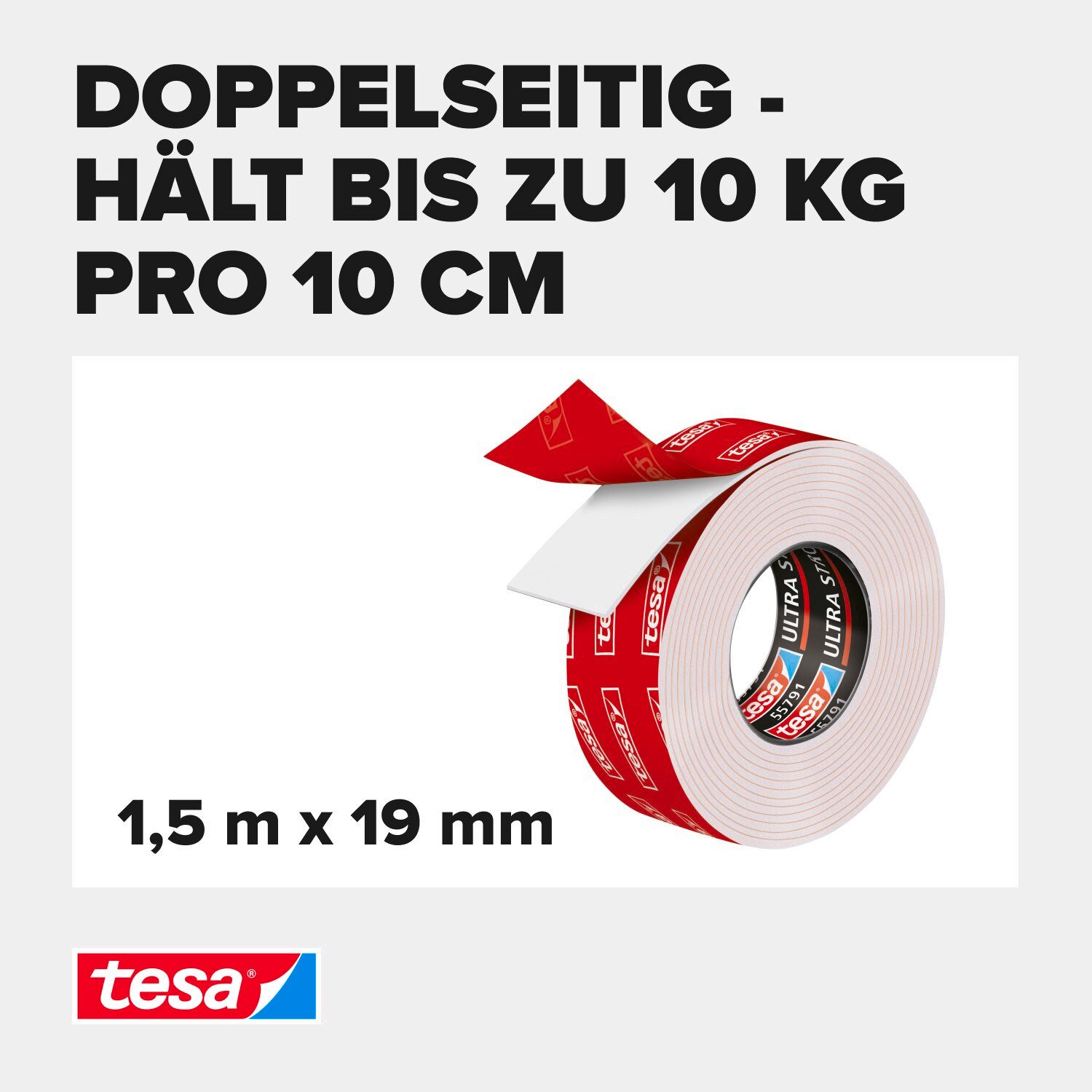 tesa Doppelklebeband POWERBOND Ultra Strong Doppelseitiges Klebeband (Packung, 1-St) extra stark klebend - 1,5 m : 19 mm