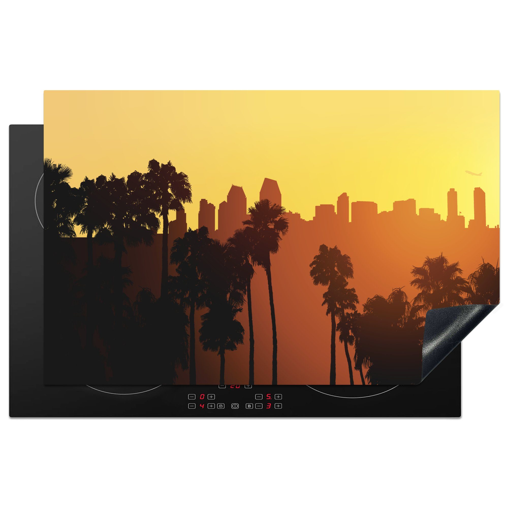 MuchoWow Herdblende-/Abdeckplatte Die Palmen und die Skyline von San Diego als Illustration, Vinyl, (1 tlg), 81x52 cm, Induktionskochfeld Schutz für die küche, Ceranfeldabdeckung