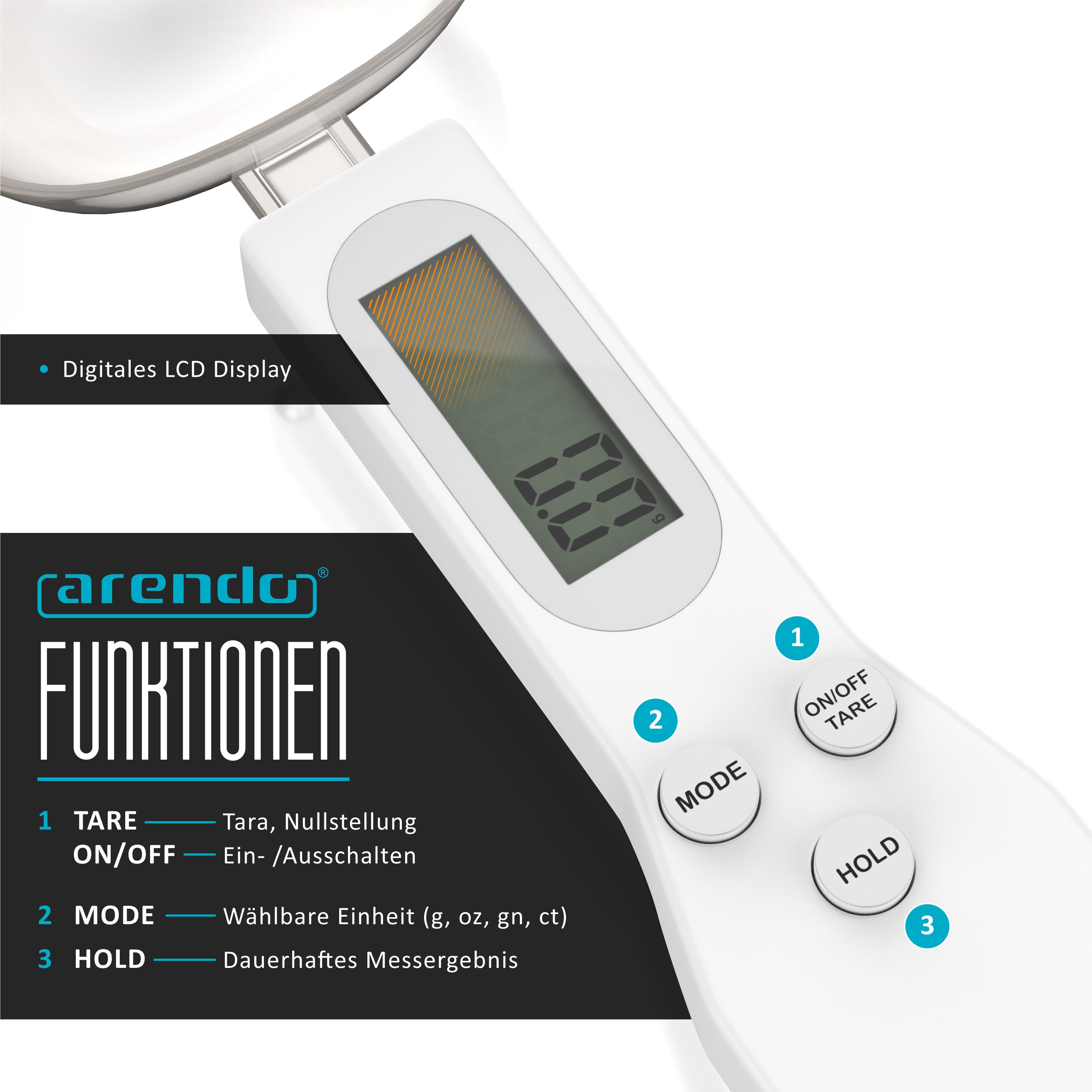 Arendo Löffelwaage digital Küchenwaage Feinwaage, LCD-Anzeige, 0,1g Auflösung, max. 500g, (1-tlg), Tara, Hold, Auto-Abschaltung 60 s, g/oz/gn/ct/ml, Löffel abne – Bild 3 von 5