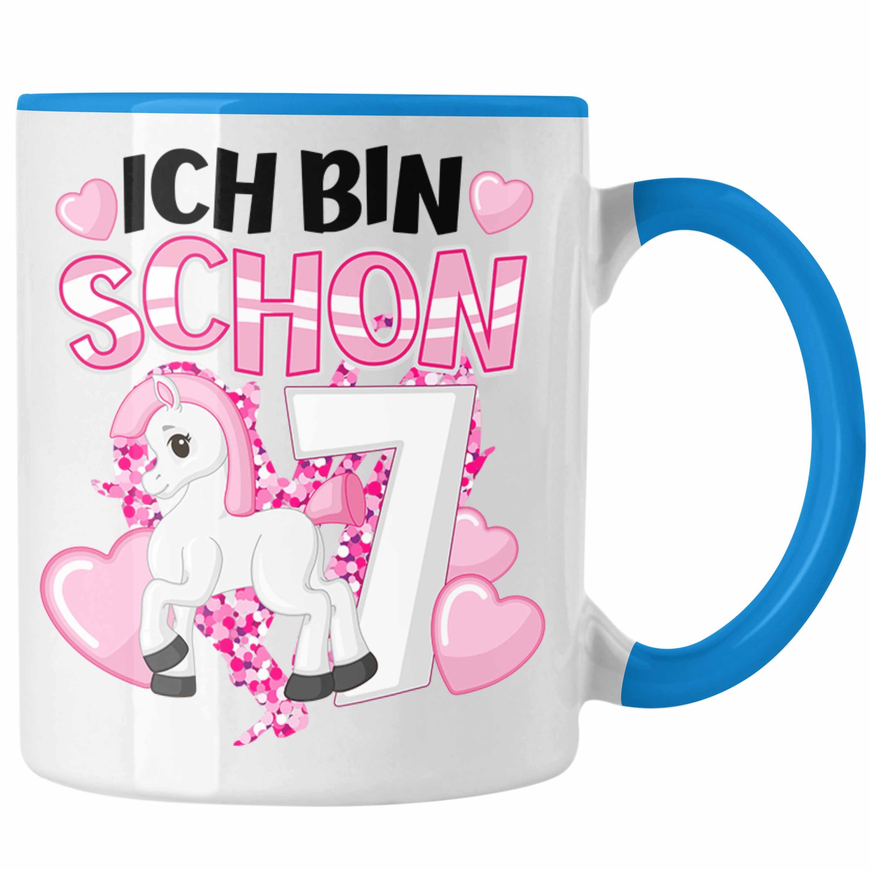 Trendation Tasse Trendation - 7. Geburtstag Mädchen Tasse Pferde Reiterin 7er Geburtstag Tochter Geschenkidee Kindergeburtstag 7 Jahre Alt Blau