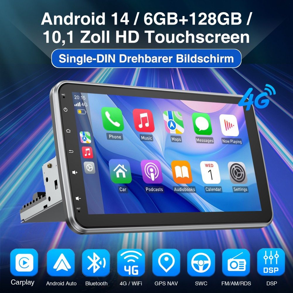 ESSGOO 8-Kern 6GB+128GB Android 14 GPS 1 DIN 360° Drehbar Bildschirm Autoradio (Digitalradio (DAB), RDS, FM, AM, Carplay Android Auto GPS Navi WIFI BT)