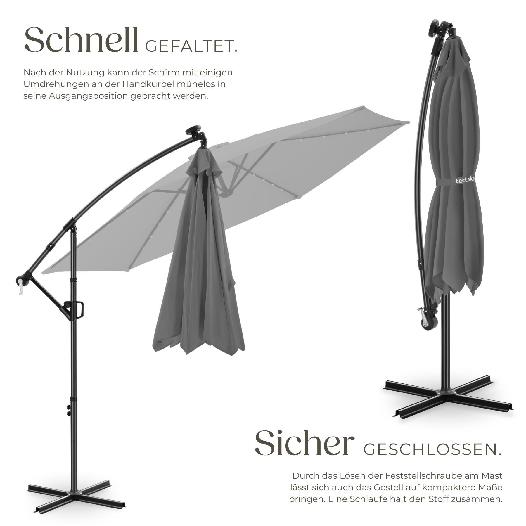 tectake Ampelschirm Sonnenschirm mit Doppeldach und LED Solar-Beleuchtung, 3 x 3 m, Balkonschirm Artemis, für Außen in Grau, 360° drehbar, wasserabweisend, neigbar, Kurbel, inkl. Schutzhülle