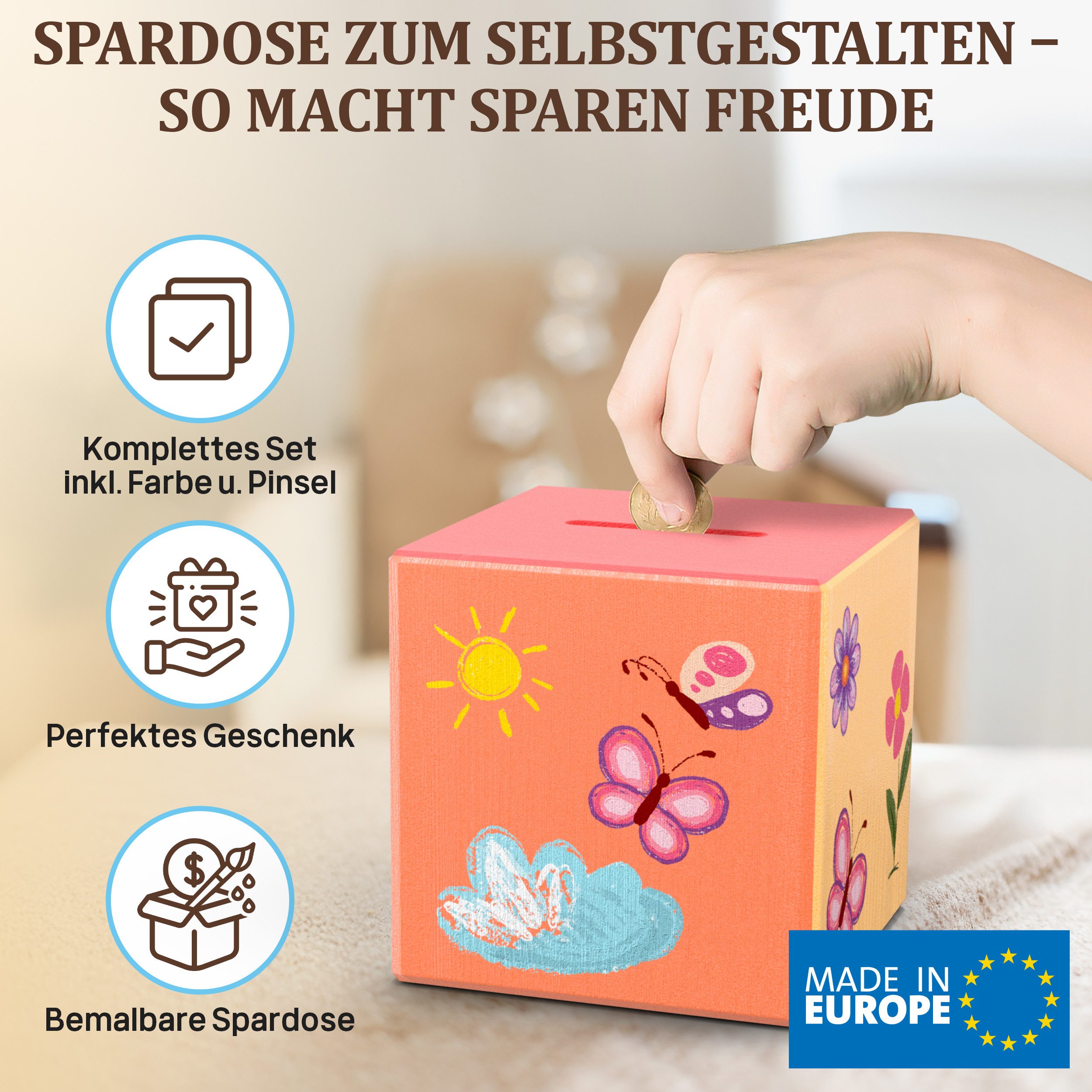 Eli Spardose Kinder aus Holz zum bemalen inkl. 6 Farben und Pinsel - Sparschwein -, (Holzspardose zum Sparen, 8-tlg., Kierfernholz), Geschenkidee für Kinder und Erwachsene