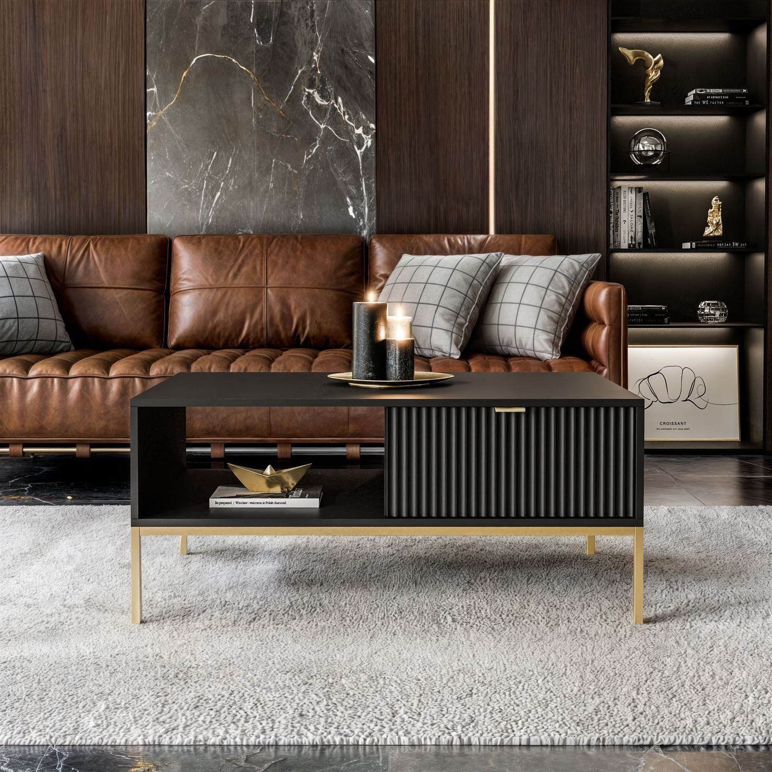 Lookway Couchtisch CORTADO GOLD L-104 mit Schublade, Brite 104