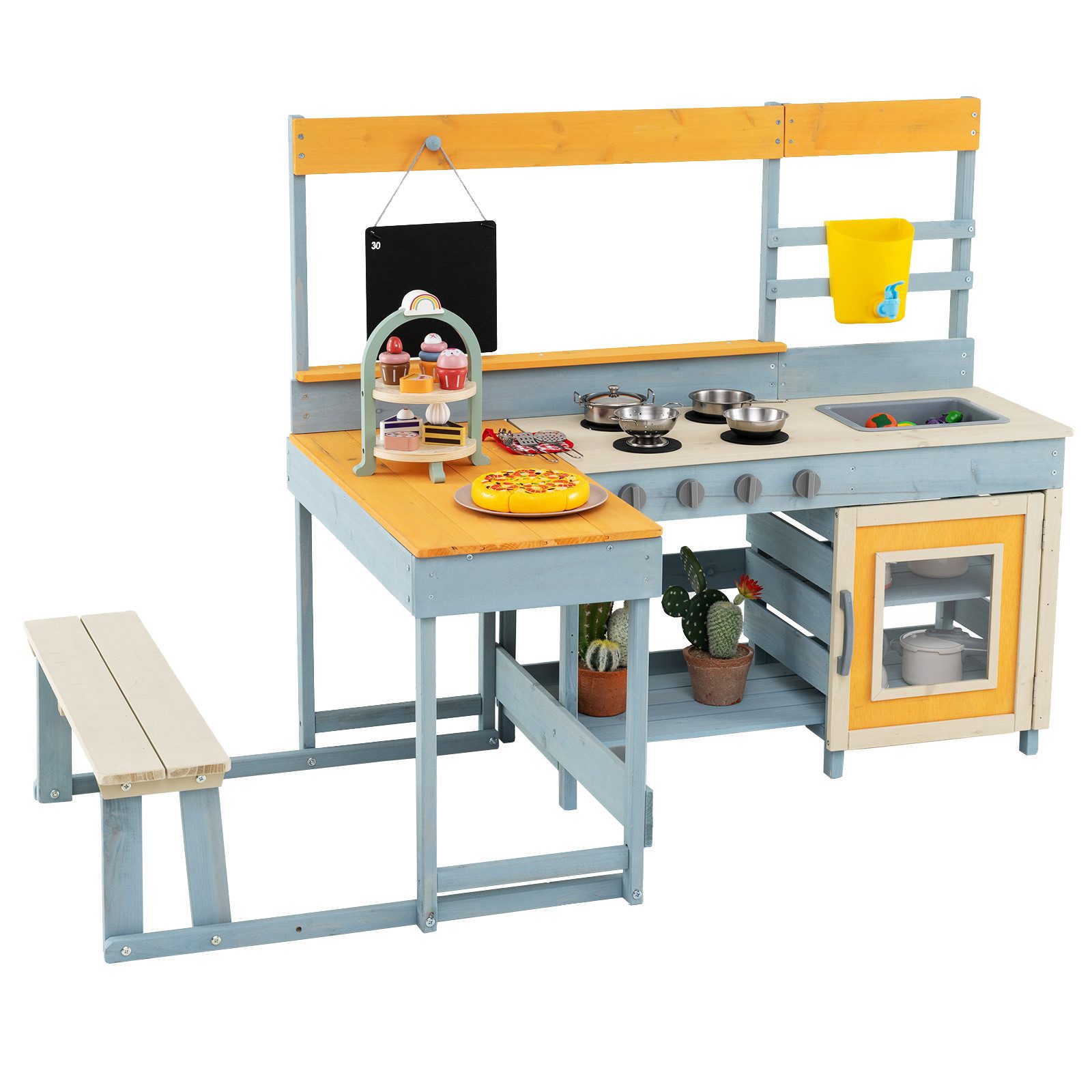 COSTWAY Outdoor-Spielküche Fichtenholz, Edelstahl, Matschenküche mit Picknicktisch, eingebauter Bank, Tafel