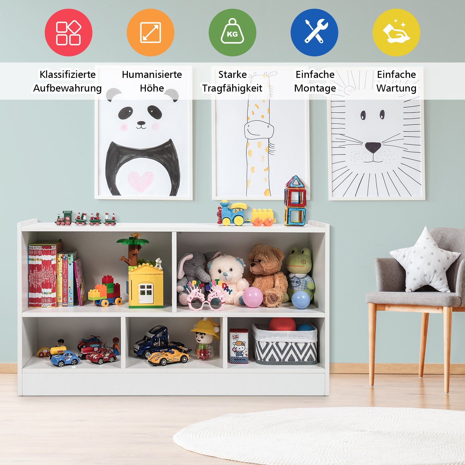 COSTWAY Bücherregal, Spielzeugschrank, 2 große Fächer & 3 kleine Fächer günstig online kaufen