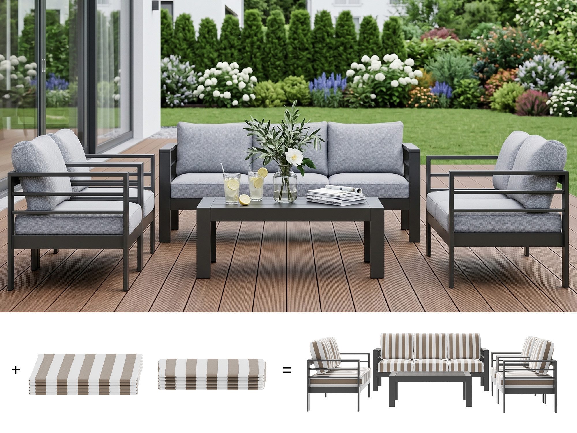 MeXo Gartenlounge-Set mit 2 Bezug-Sets Uni & Streifen, Aluminium Gartenmöbel Set wetterfest, (Gartensofa mit Tisch, pflegeleichte Polywood-Tischplatte, 5-tlg., mit 12 cm dicken Sitzkissen, 8 cm breite Armlehnen), Terrassenmöbel Set für 6-7 Personen, 140 kg/Sitz