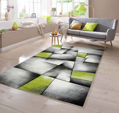 Teppich Designer Teppich mit Konturenschnitt Karo Muster Grün Grau Weiß Schwarz, TeppichHome24, rechteckig