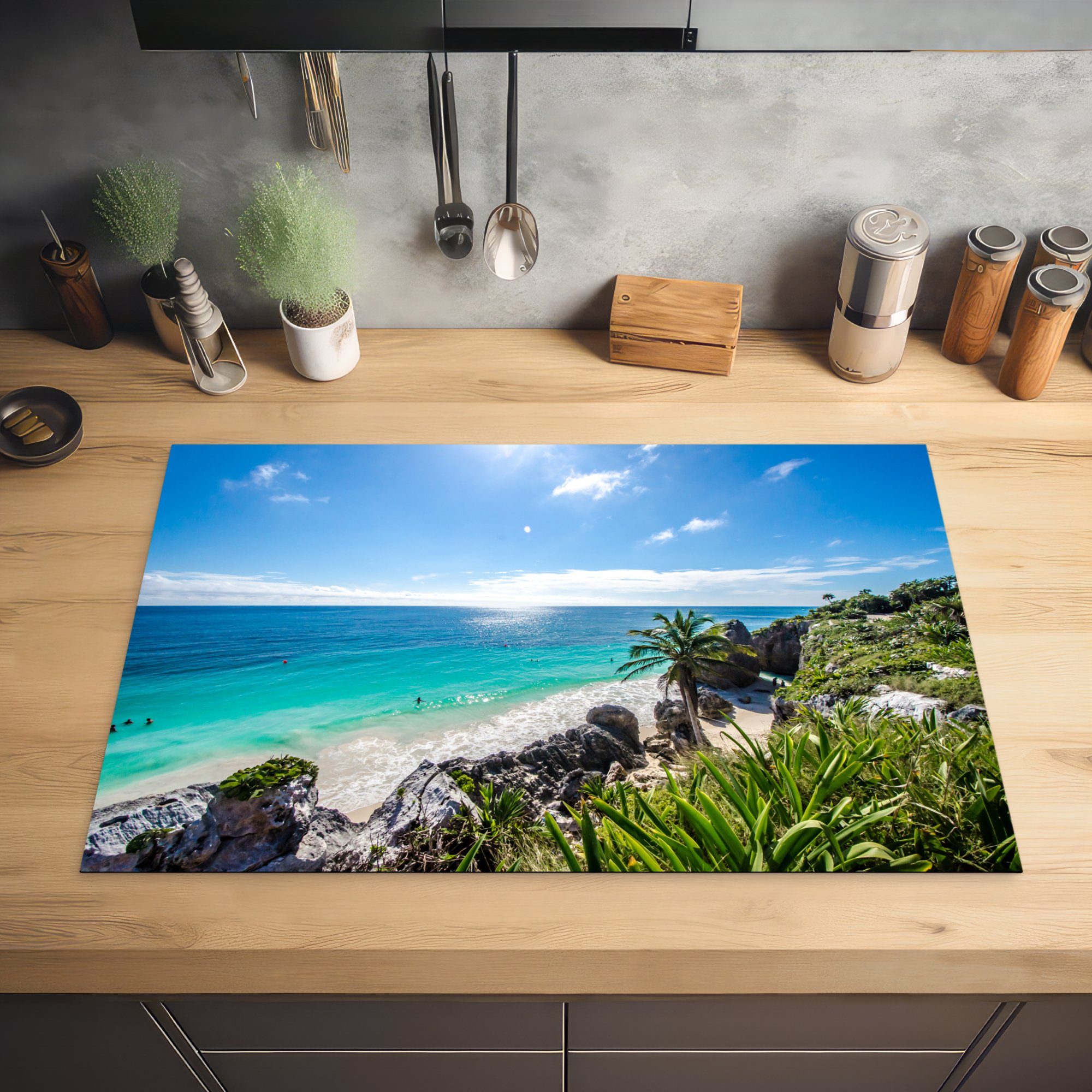 MuchoWow Herdblende-/Abdeckplatte Strand - Natur die - Vinyl, Induktionskochfeld Wolken, Ceranfeldabdeckung küche, (1 für Schutz cm, 81x52 tlg)