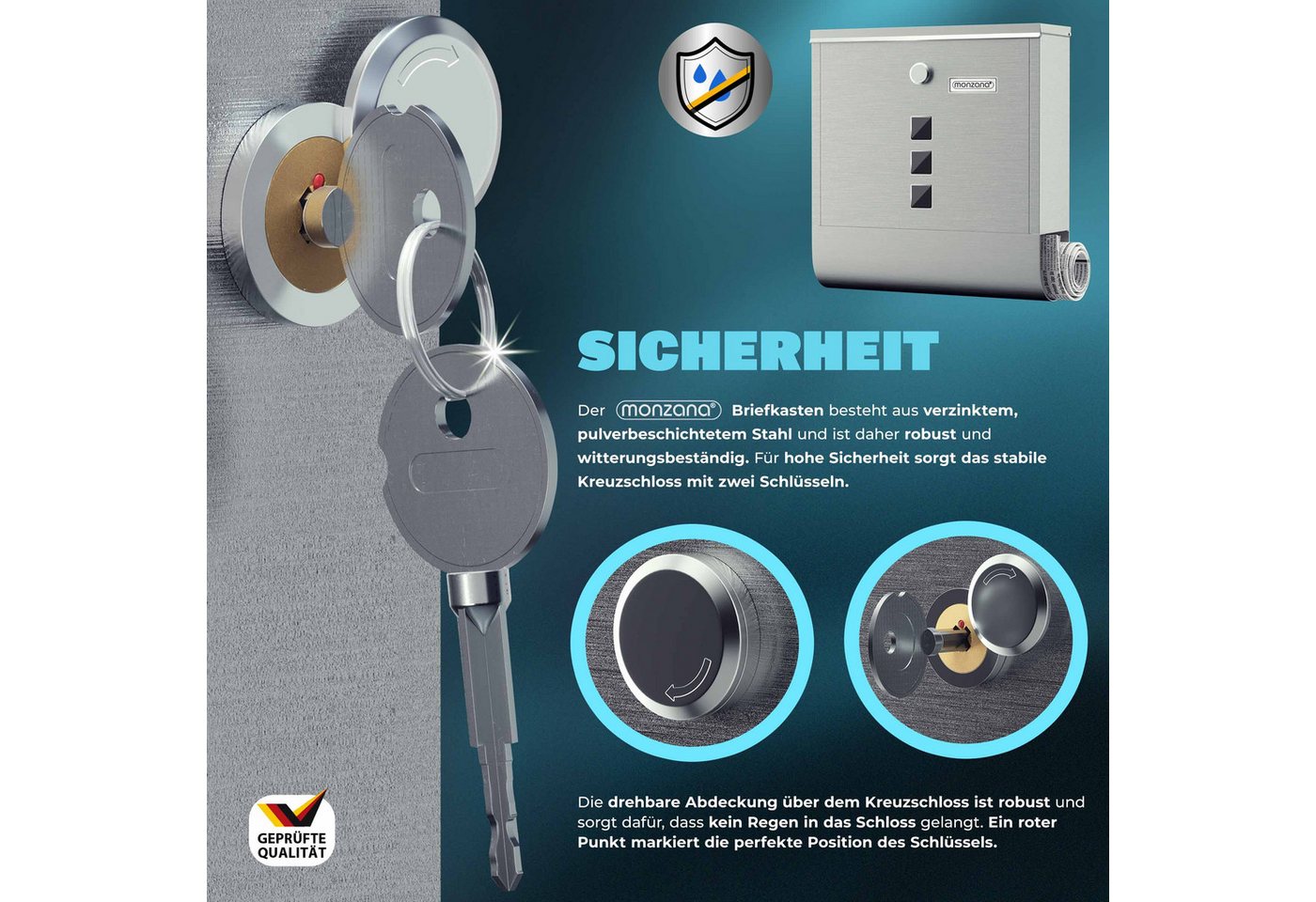 Thumbnail - monzana Wandbriefkasten, Silber Edelstahl mit Zeitungsfach Kreuzschloss Sichtfenster