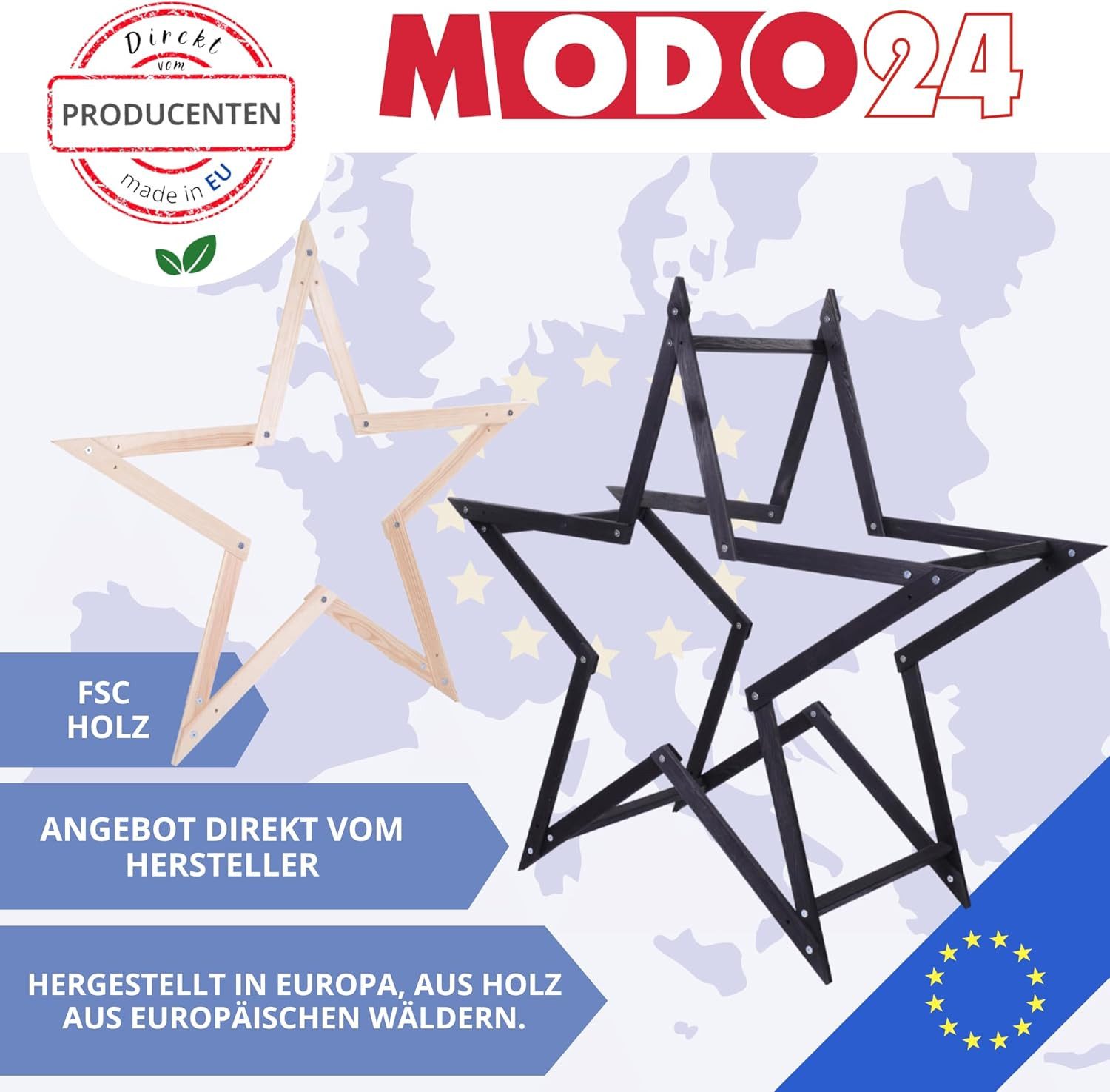 Modo24 Dekostern DIY MODOSTAR Weihnachtsstern Set aus FSC Holz 2D und 3D in 3 Breiten, zum Garten & Terrasse, wetterfest, faltbar & stabil, Weihnachtsdeko