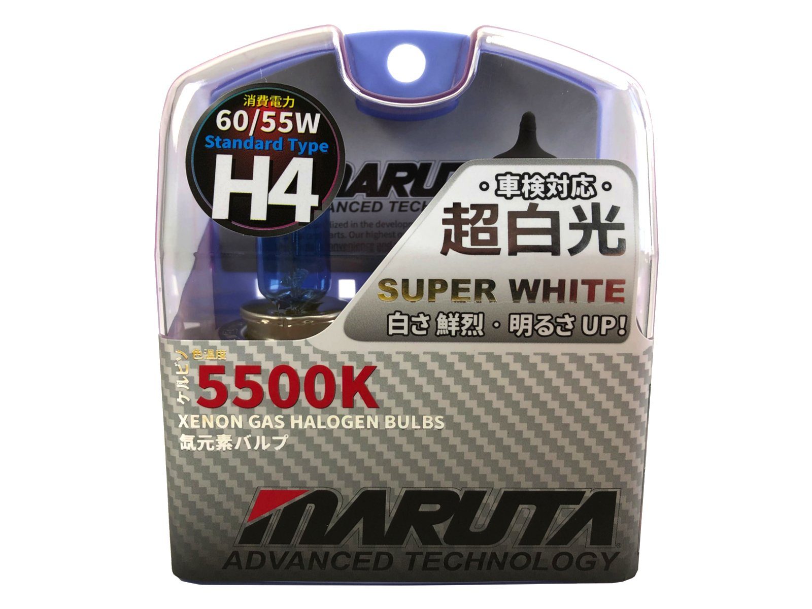 MARUTA KFZ-Ersatzleuchte Super White, P43t, Tageslichtweiß, H4 60/55W 5500K Xenon-Effekt Halogenlampe, Fernlicht & Abblendlicht