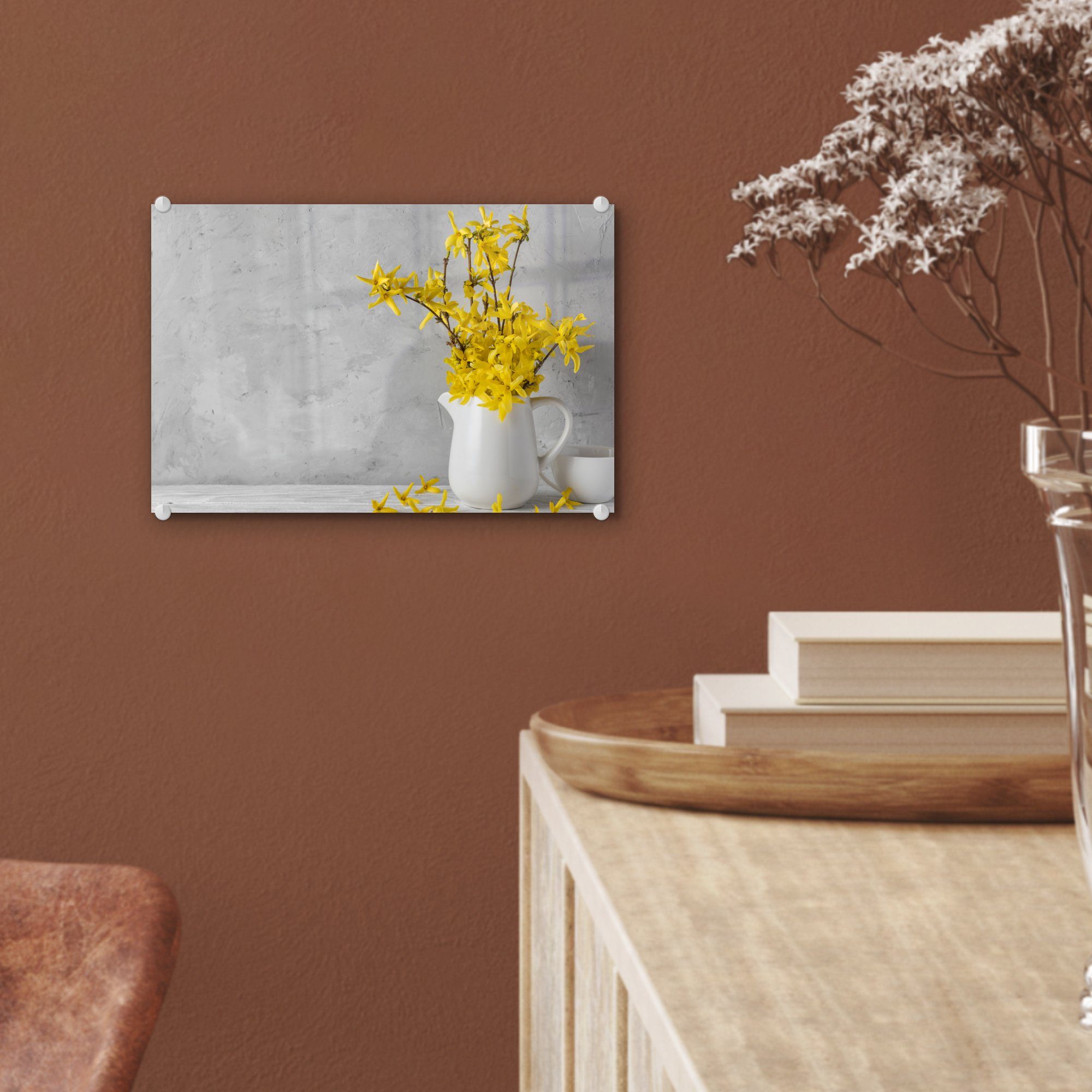 Glas MuchoWow Gelb auf Wanddekoration - Acrylglasbild Wandbild - Bilder Glasbilder St), Foto - (1 auf Glas Blumen - - Stilleben,