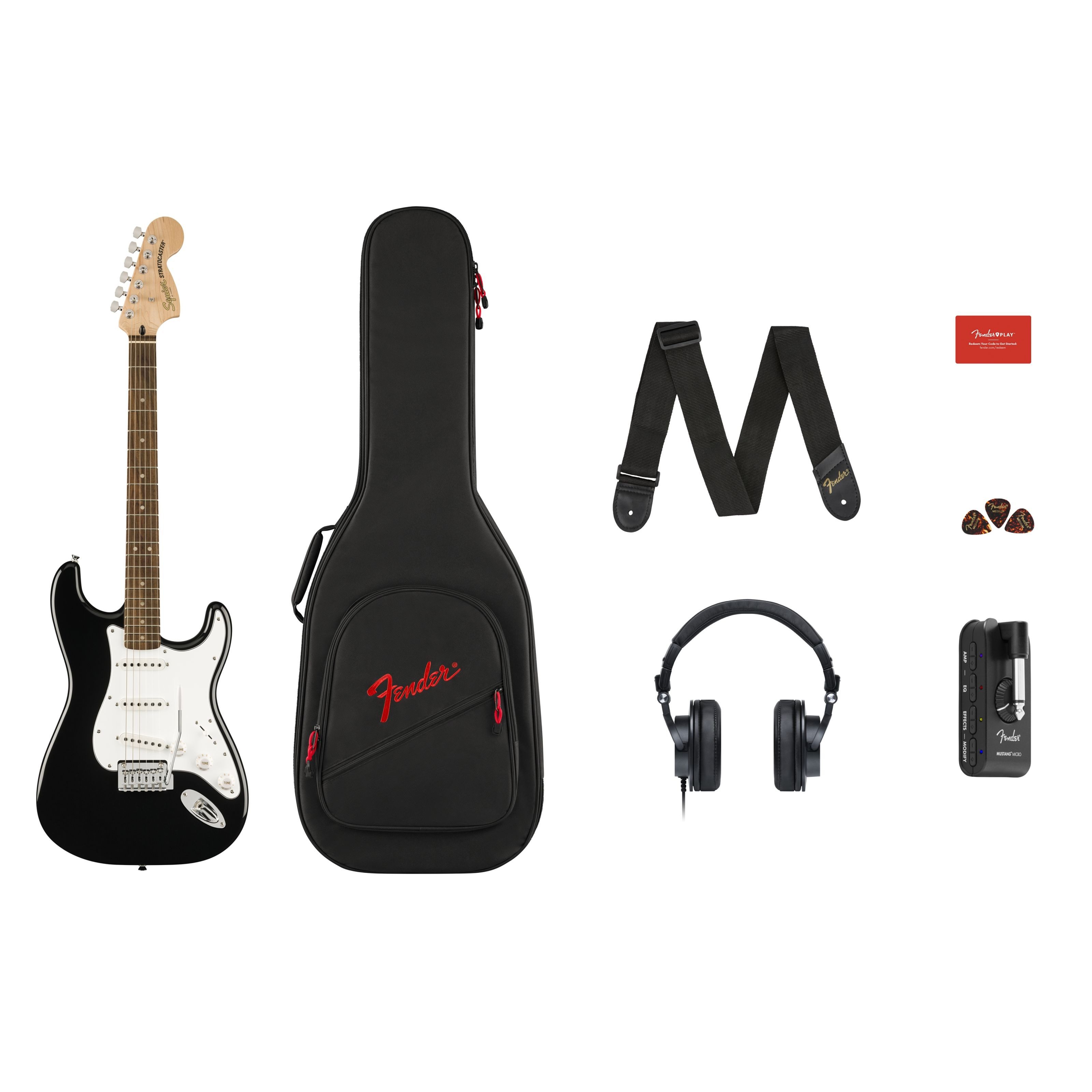 Squier E-Gitarre, E-Gitarren, E-Gitarren-Sets, Affinity Stratocaster Mustang Micro Pack - E-Gitarren Anfänger Set