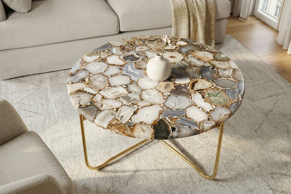 riess-ambiente Couchtisch NOBLE Ø65cm bunt / gold - Edelstein, Achat, handmade, rund, klappbar (Einzelartikel, 1-St), individueller Beistelltisch - ideal für glamouröse Wohnbereiche