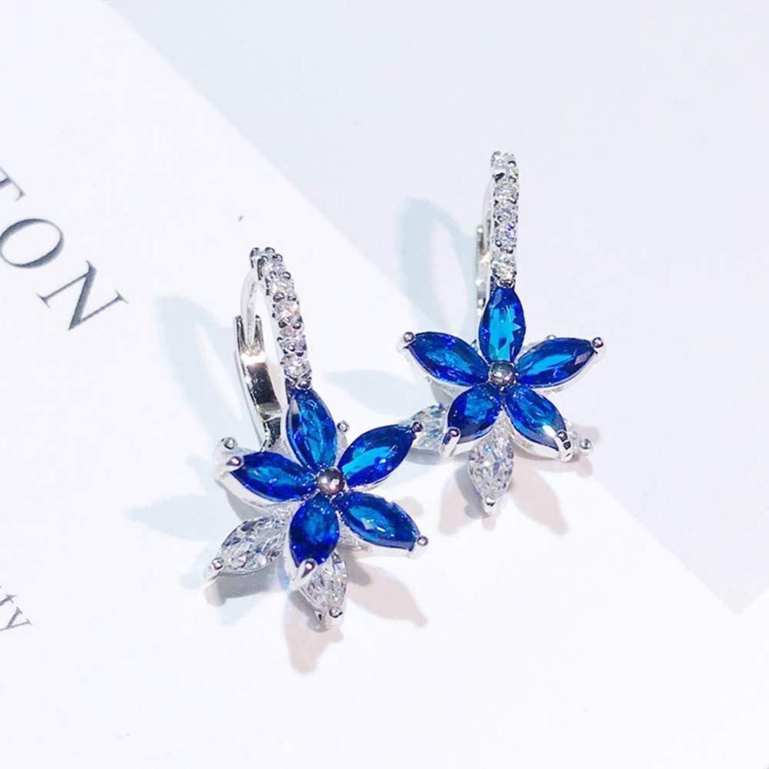 LuxusKollektion Klappcreolen Creolen Damen Huggie Klein Silber Zirkonia Blumen Blau