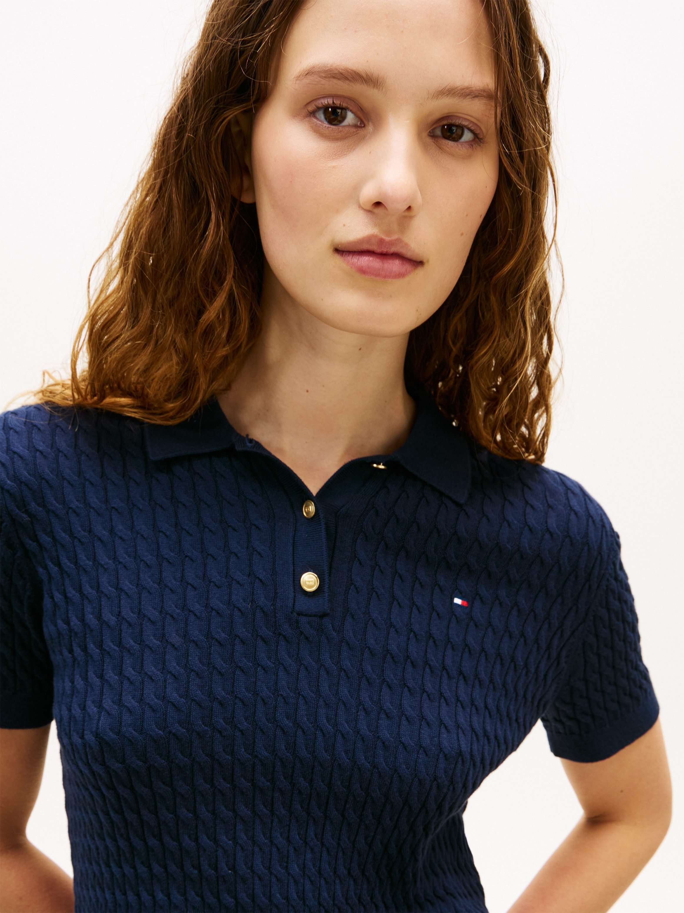 Tommy Hilfiger Poloshirt CO CABLE POLO-NK SS SWEATER mit Zopfmuster, Regular Fit