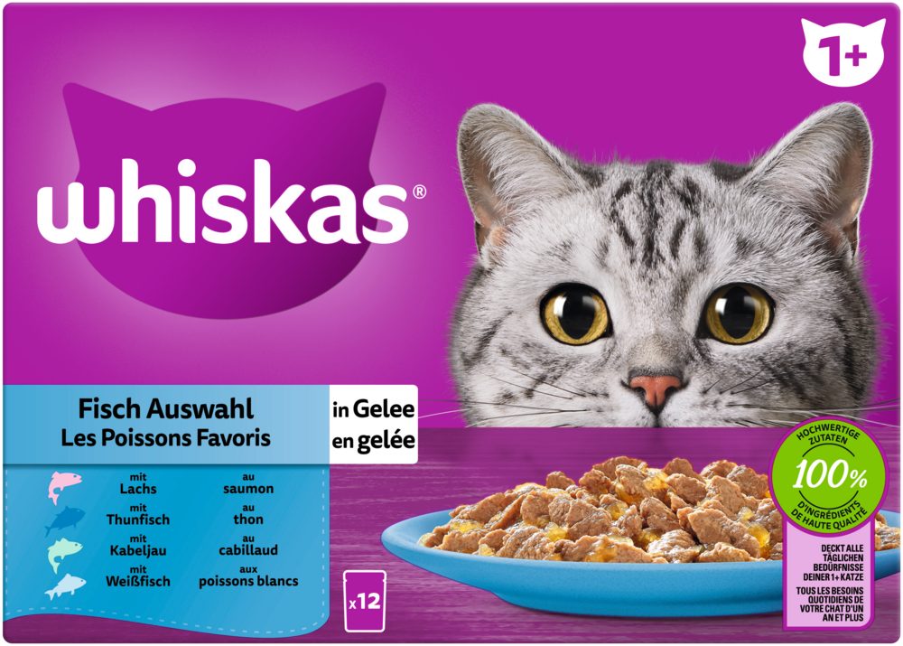 Whiskas WHISKAS® Portionsbeutel Multipack 1+ Fisch Auswahl in Gelee 12 x 85g, Nassfutter für: Katze