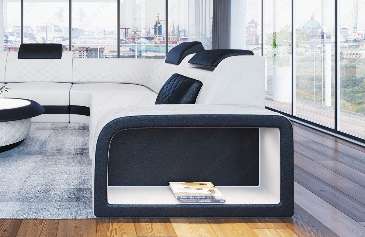Sofa Dreams Wohnlandschaft Foggia U Form Leder, LED-Beleuchtung, Couch, 6-Sitzer, Kopfstützen, USB-Anschluss