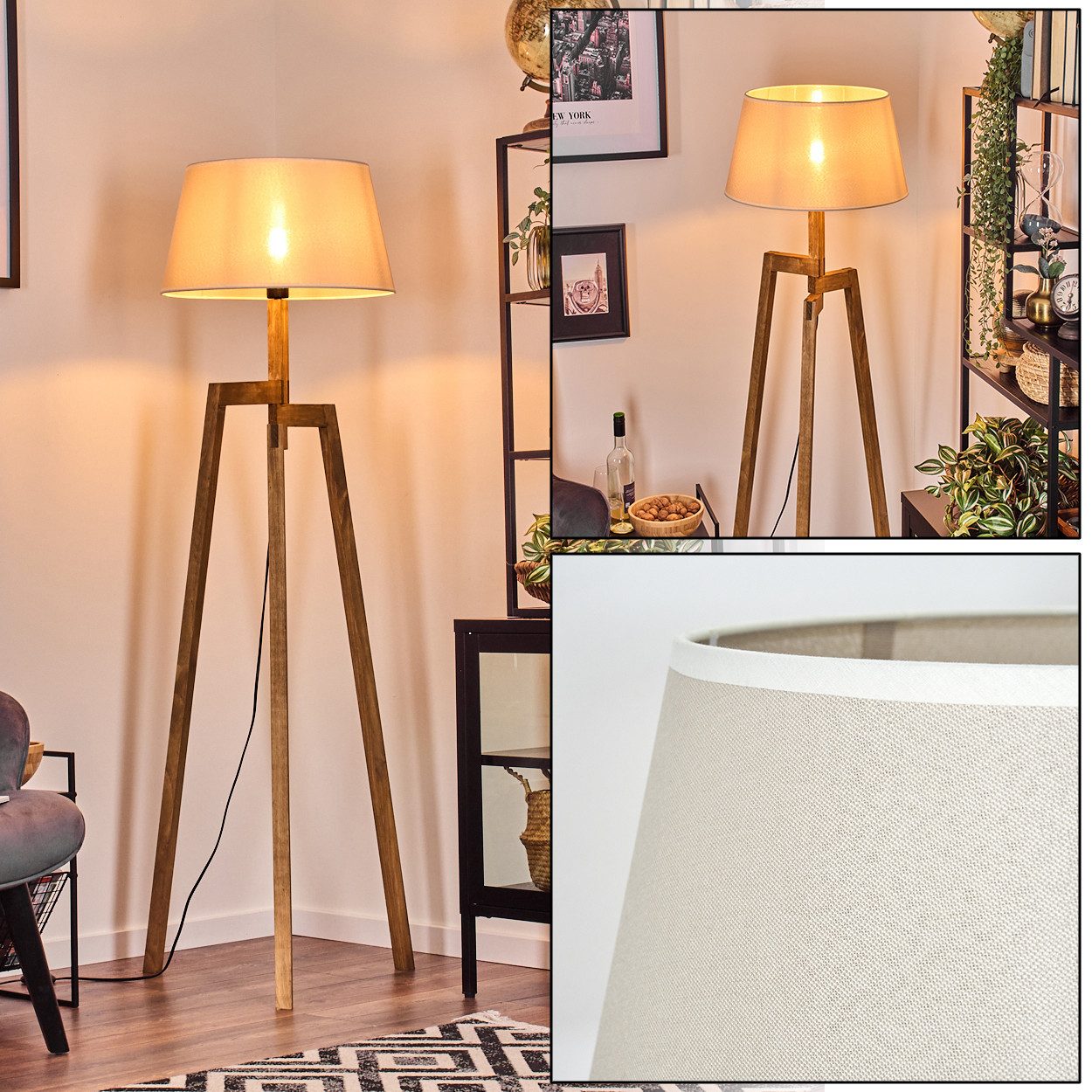 Stehlampe Stehlampe aus Holz/Stoff in Naturfarben/Beige/Weiß