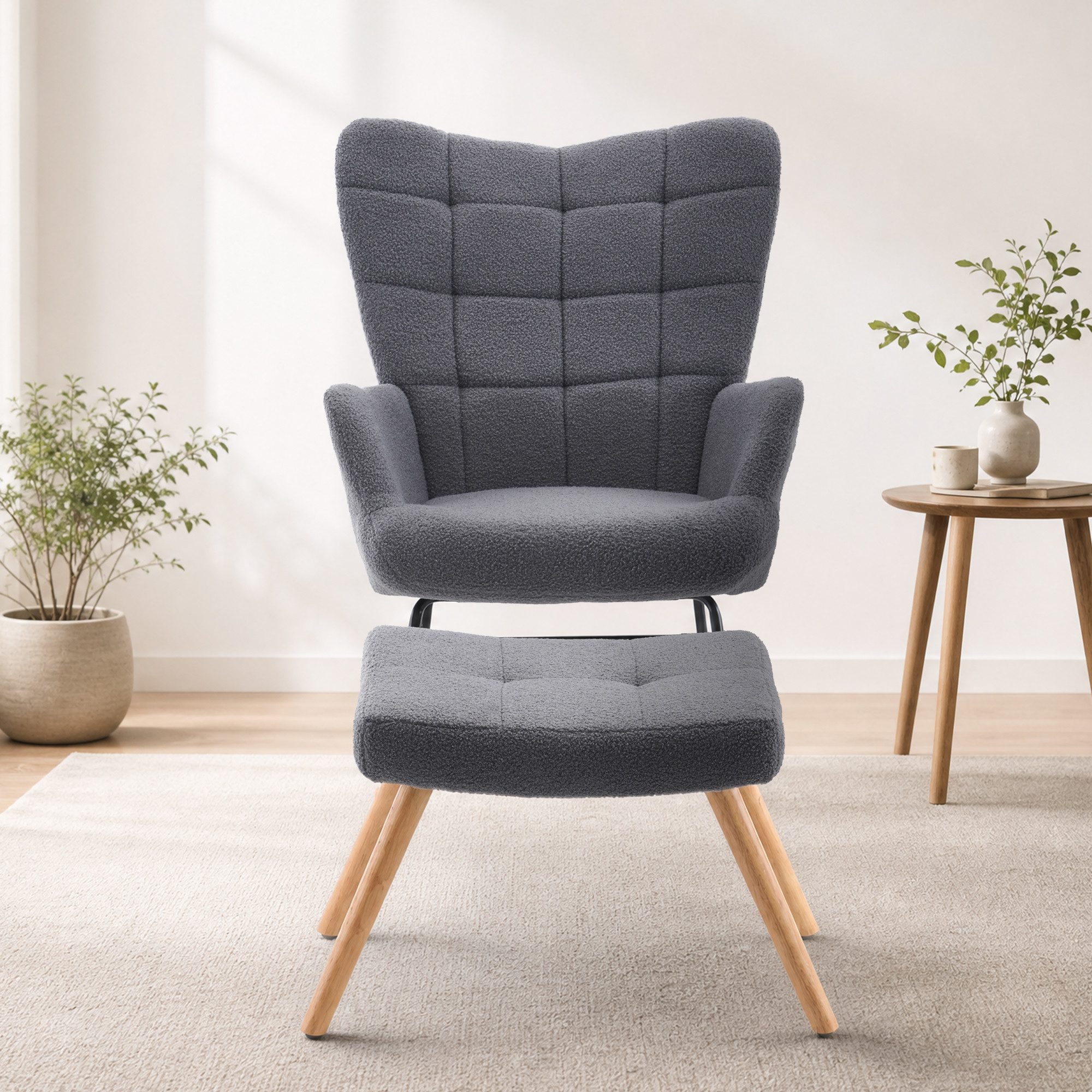 HAUSS SPOLE Schaukelstuhl mit Fußhocker, gepolsterter Relaxsessel mit Holzschaukelfüßen,Grau (Relaxsessel-Set mit Wippfunktion und Beistellhocker), Lounge-Sessel mit separatem Fußhocker und Holzschaukelfüßen