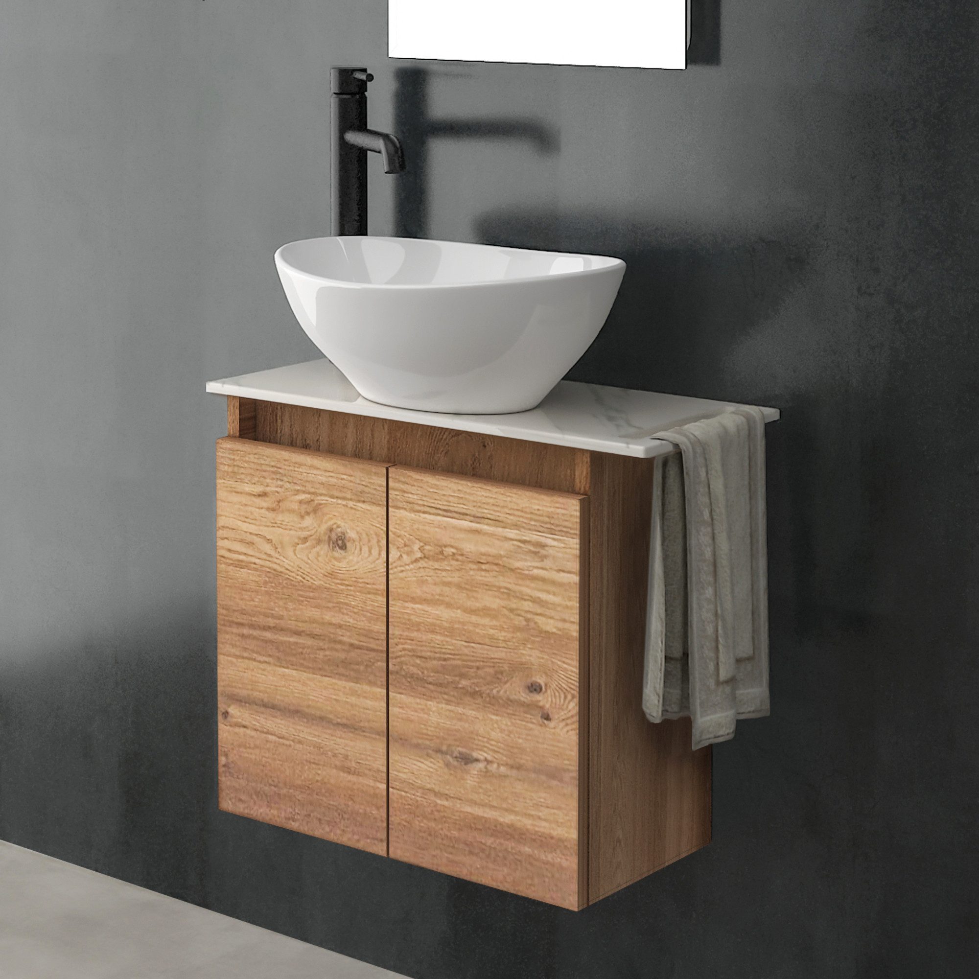 Alpenberger Waschtisch Aufsatzwaschbecken mit Unterschrank, WC Waschbecken mit Unterschrank (Waschtisch mit Unterschrank hängend, Waschtischplatte mit Waschbecken), MDF/MFC Waschbeckenunterschrank in Bamboo Farbe