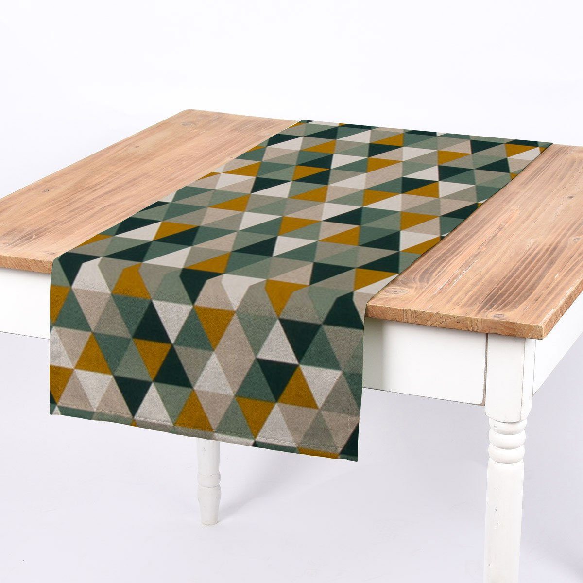 SCHÖNER LEBEN. Tischläufer SCHÖNER LEBEN. Tischläufer Dreiecke natur grün gelb 40x160cm, handmade