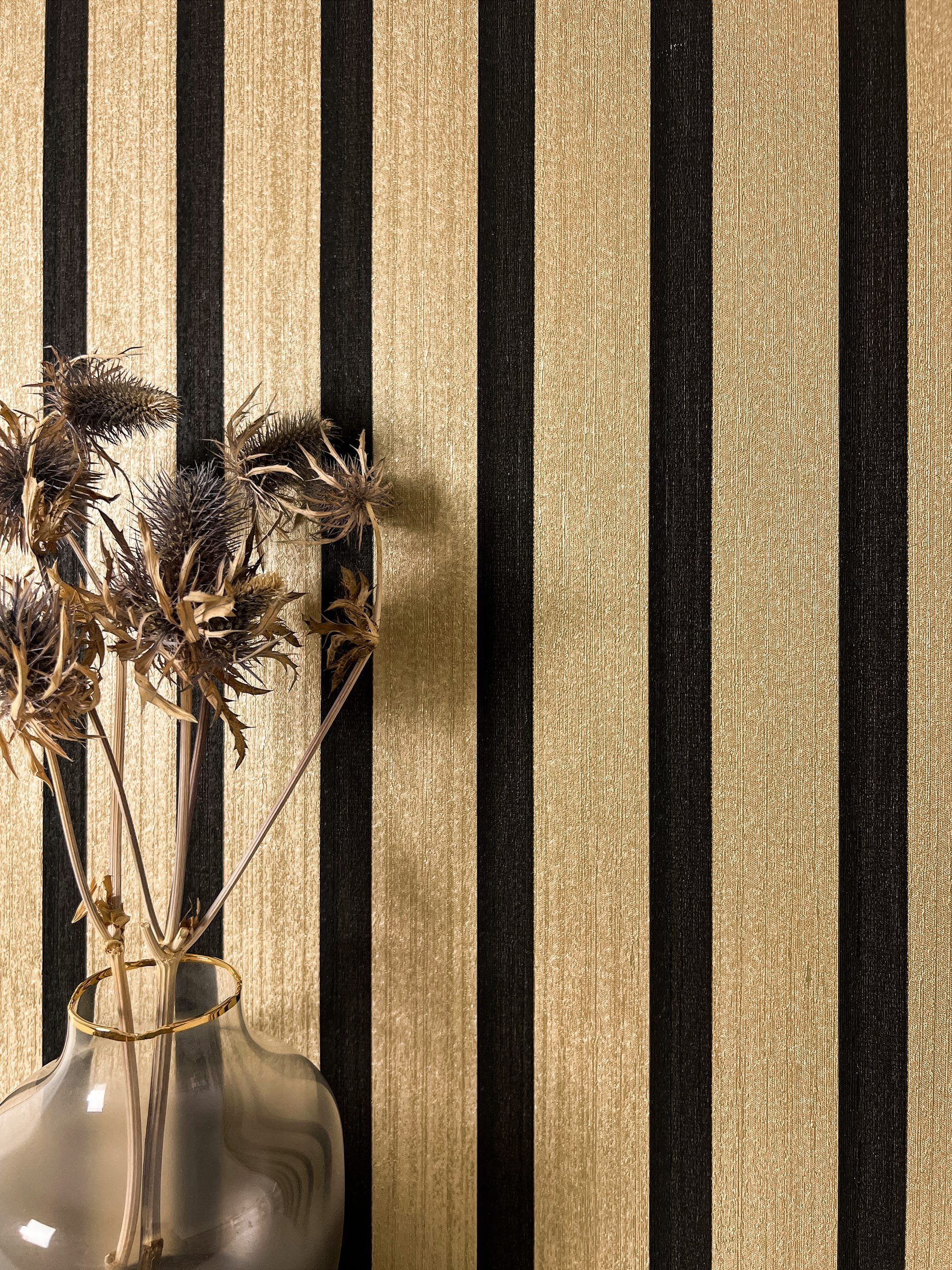 Newroom Vliestapete Berrin Gold Tapete Mustertapete Holzpaneele, Wandpaneele, Lamelle, strukturiert, Glanztapete