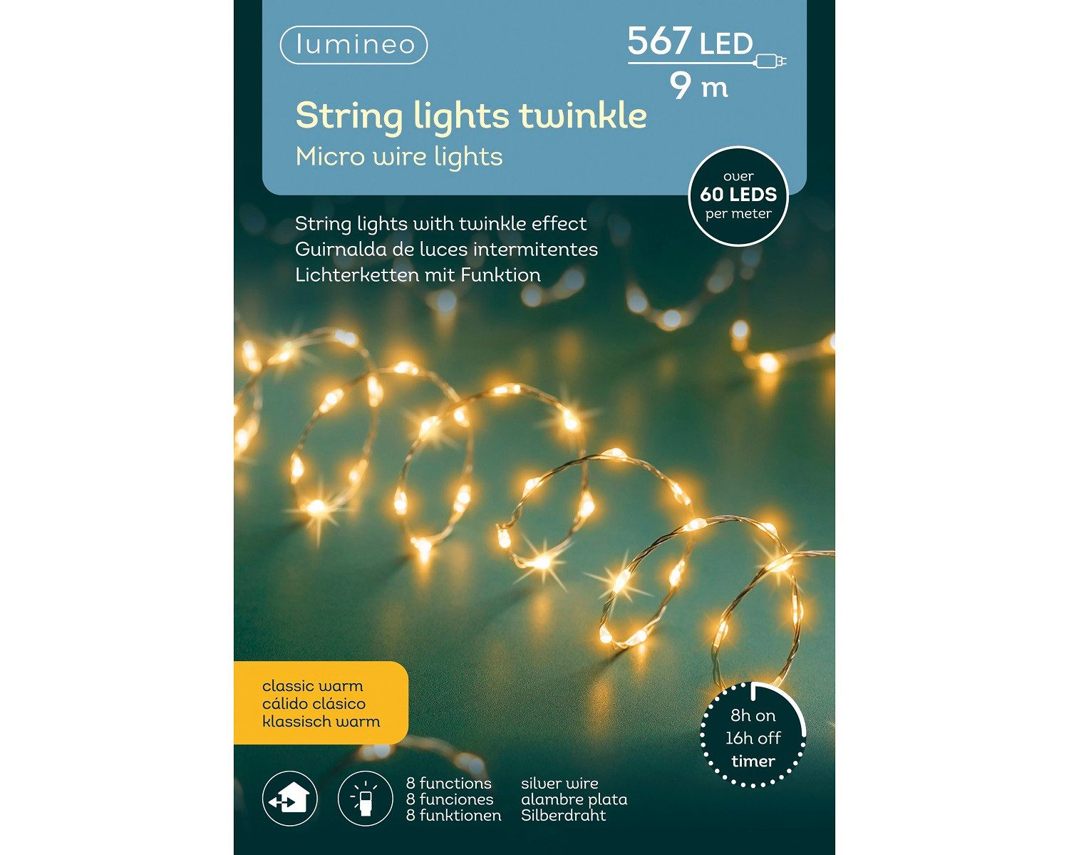 Lumineo LED-Lichterkette Lumineo Lichterkette STRING LIGHTS TWINKLE 567 LED 9 m, klassisch warm, Indoor/Outdoor, 8 Licht-Modi, 8h-Timer, + 5 Meter