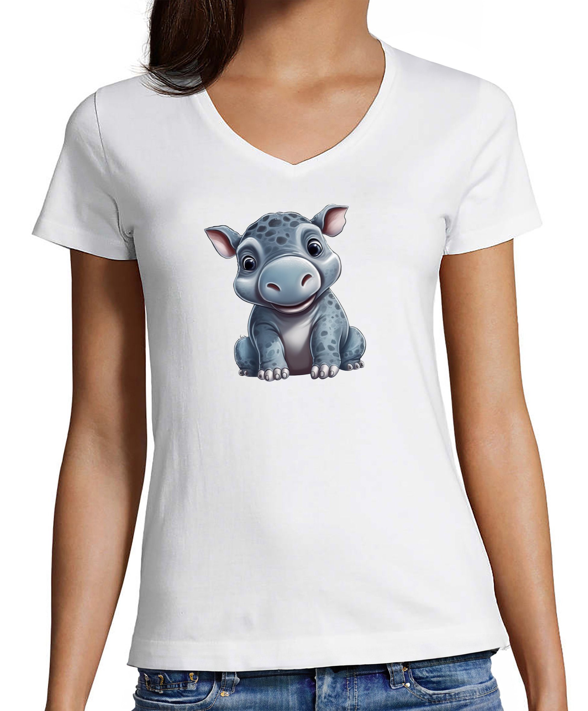 T-Shirt Damen Wildtier Print Shirt - Baby Hippo Nilpferd