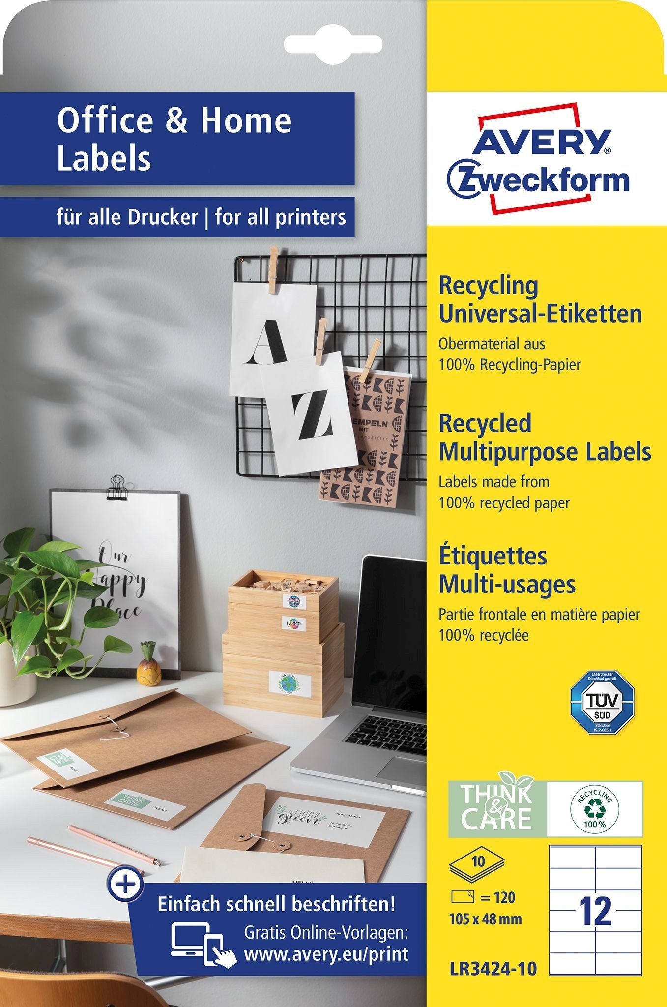 Avery Zweckform Etiketten Universal-Etiketten Inkjet/Laser//Kopier Recycling 105x48mm weiß