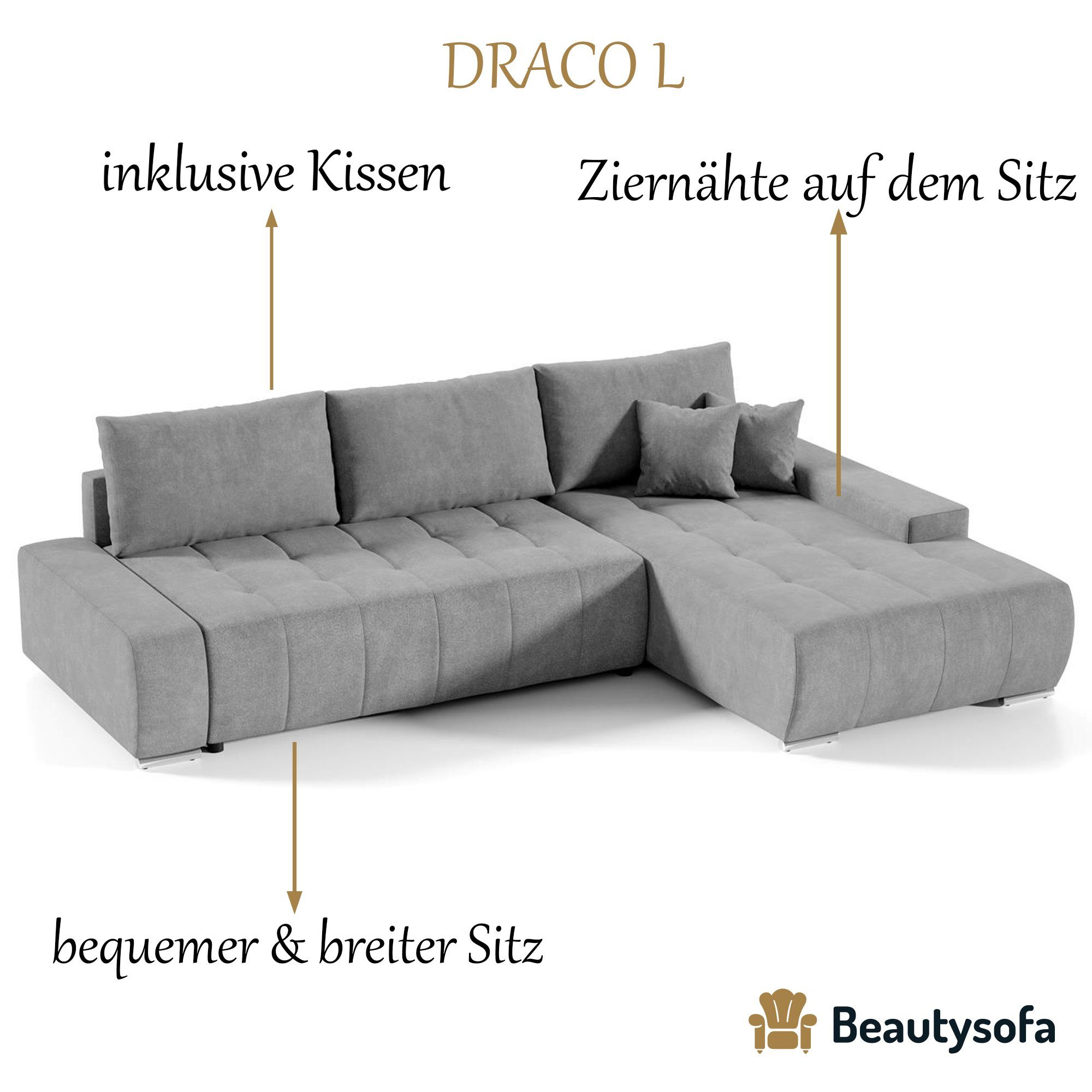 Sofa DRACO Hellgrau Schlaffunktion, Wohnzimmer Beautysofa Couch Bettkasten (aston 15) Ecksofa Ecksofa mit
