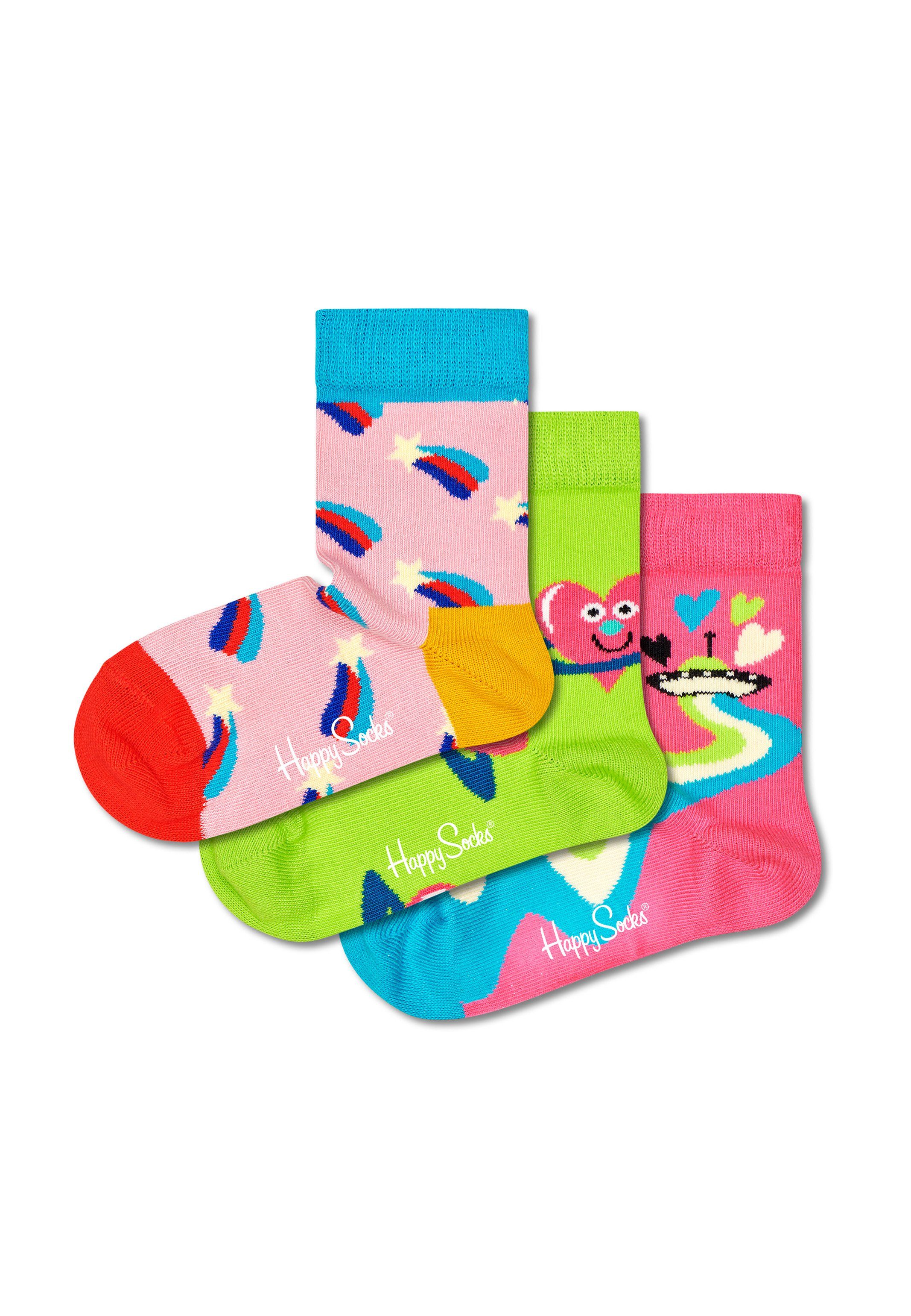 Socks Happy 3 einer - Kids Stars and Box in bunte 3-Paar) Geschenkbox Hearts Baumwolle (Spar-Set, Paar Langsocken 3 Socken Geschenk Paar - Socken