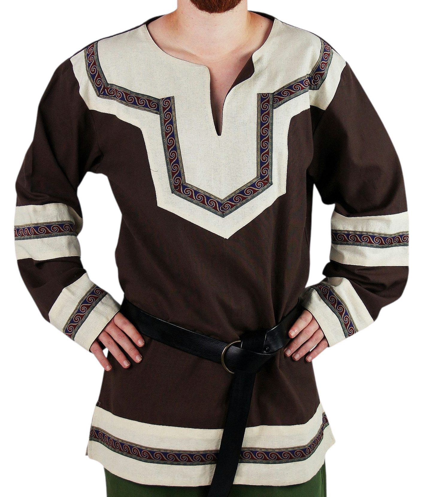 Leonardo Carbone Wikinger-Kostüm Tunika "Aidan" mit Bordüre, kunstvolle Bordüren, hochwertiger Baumwolle