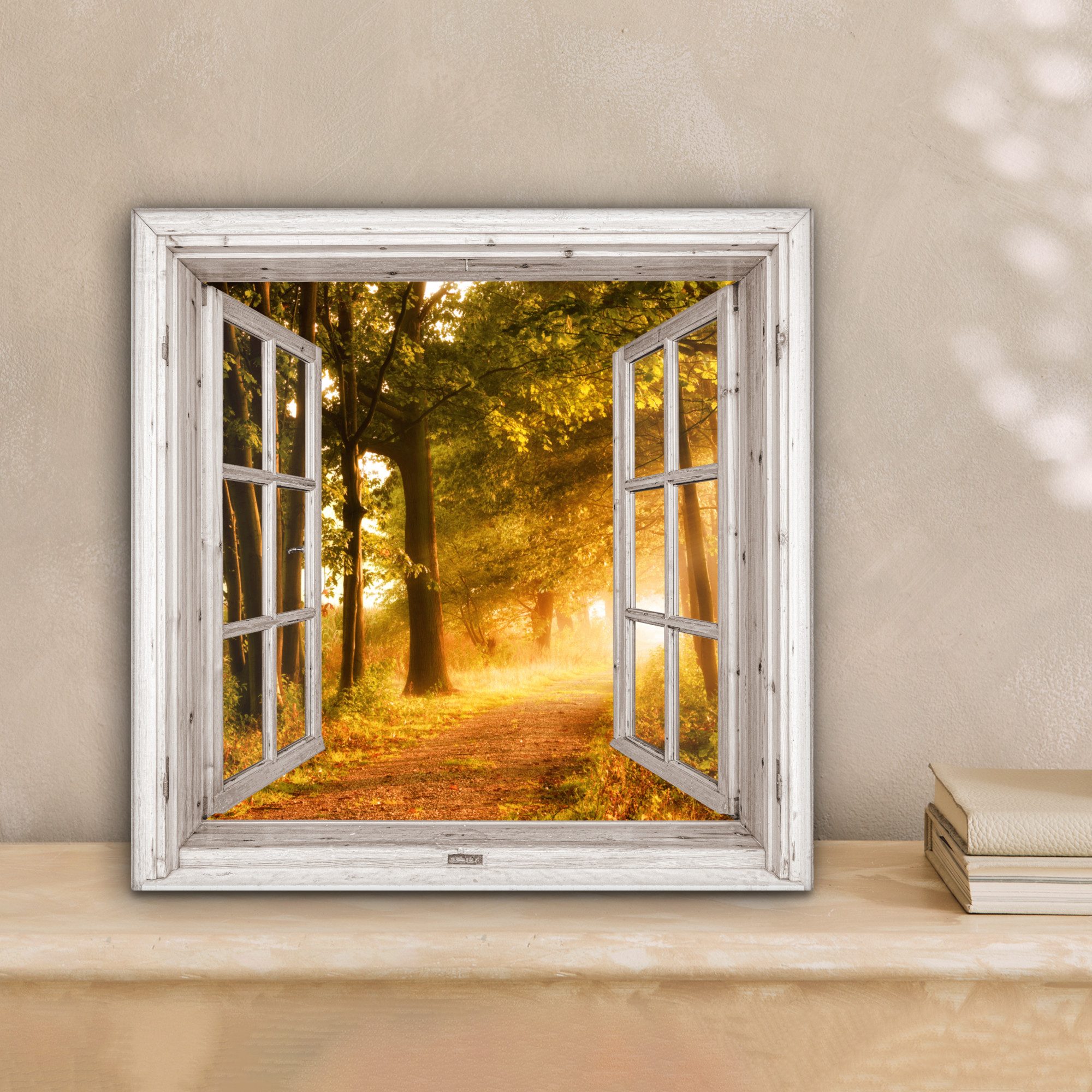 OneMillionCanvasses® Leinwandbild Wald - Bäume - Sonnenlicht - Herbst - Weg - Natur - Fensterblick, Fotodruck (1 St), Wandbild, Deko Schlafzimmer Wohnzimmer Flur 20x20 cm
