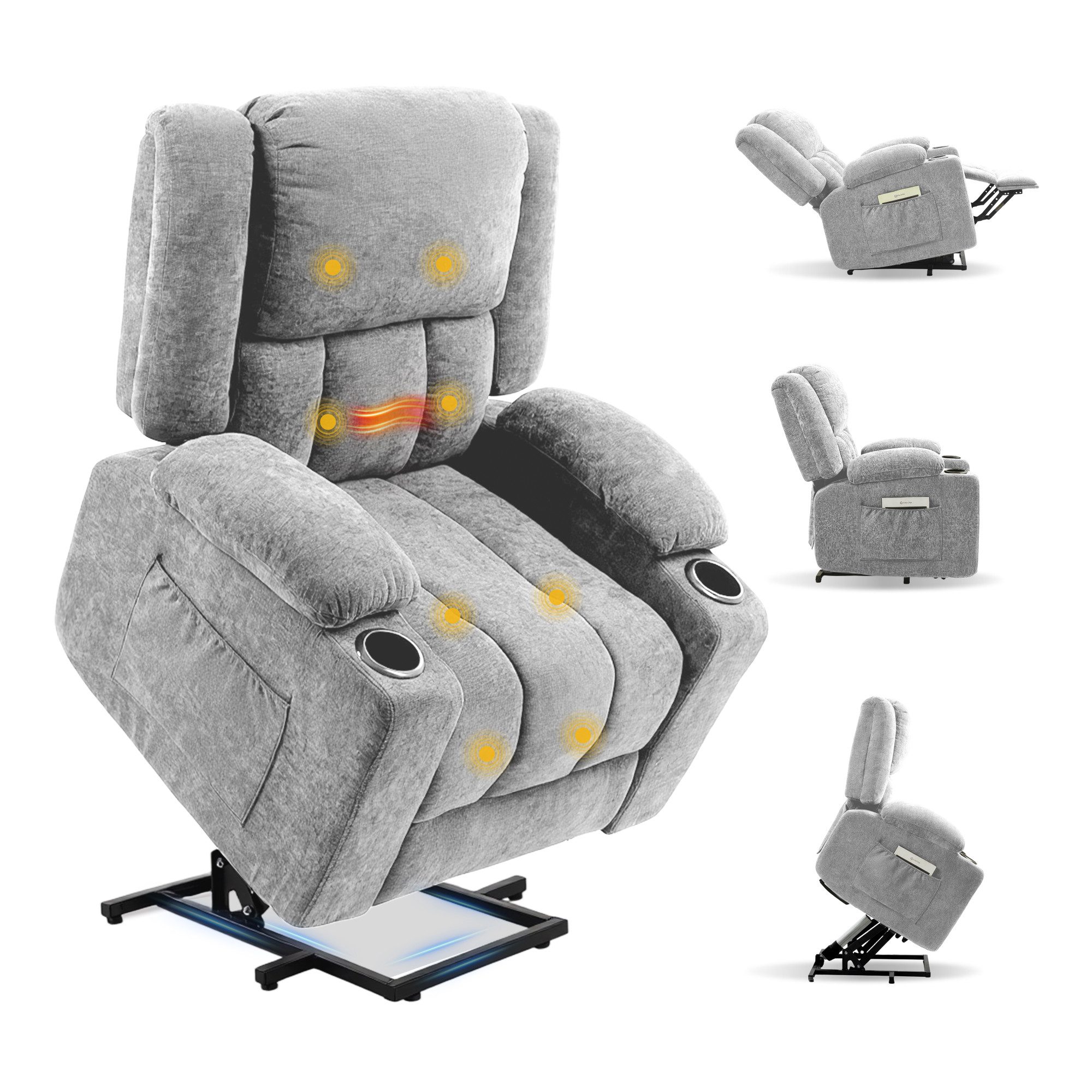 FLEXISPOT Relaxsessel Elektrischer Relaxsessel mit Aufstehhilfe, Massage- und Liegefunktion (mit Heizfunktion, 8-Punkt-Massage, USB-/Type-C-Anschluss, 2 Seitentaschen, 2 integrierte Getränkehalter, 105°-165° verstellbar), belastbar bis 200 kg, XL6