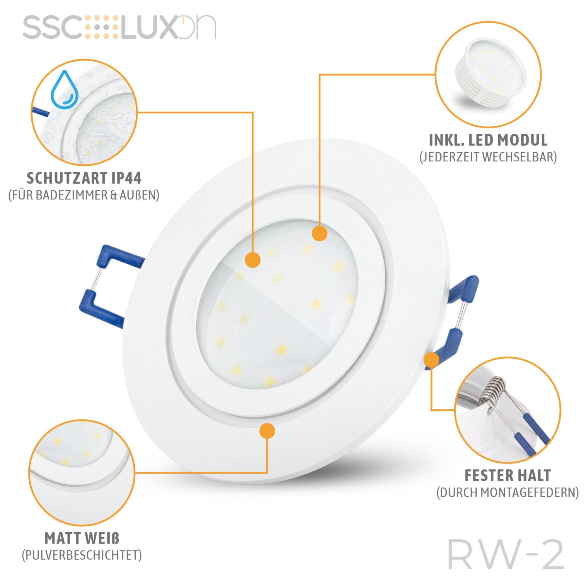 Flache LED rund Einbauleuchte 5W, LED Neutralweiß weiss Außen-Deckenleuchte mit in SSC-LUXon IP44 RW-2 Modul Bad