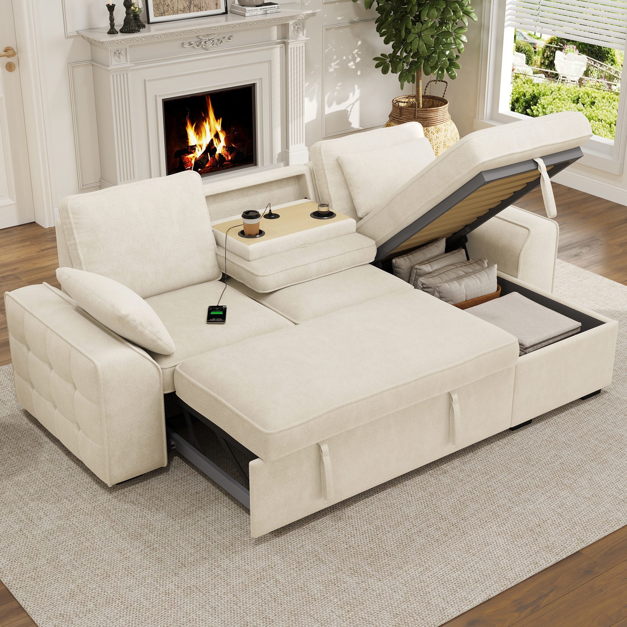 Merax Ecksofa mit verstellbaren Rückenlehnen, Schlafsofa mit Schlaffunktion,Chenille, 1 Teile, 3-Sitzer-Sofa mit USB-Ladeanschluss, Getränkehaltern & Stauraum