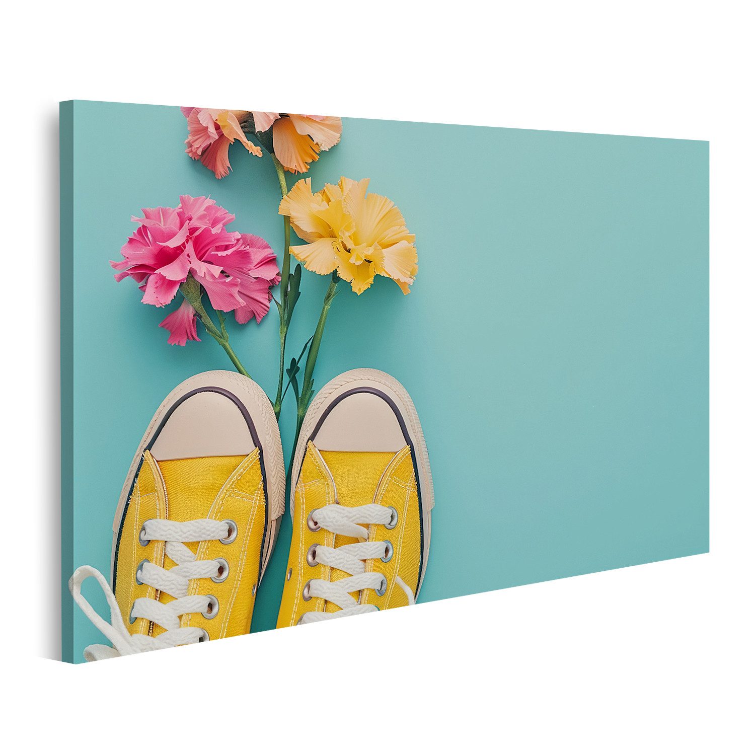 islandburner Leinwandbild Leuchtend gelbe Sneakers stechen hervor, bunte Blumen setzen verspiel