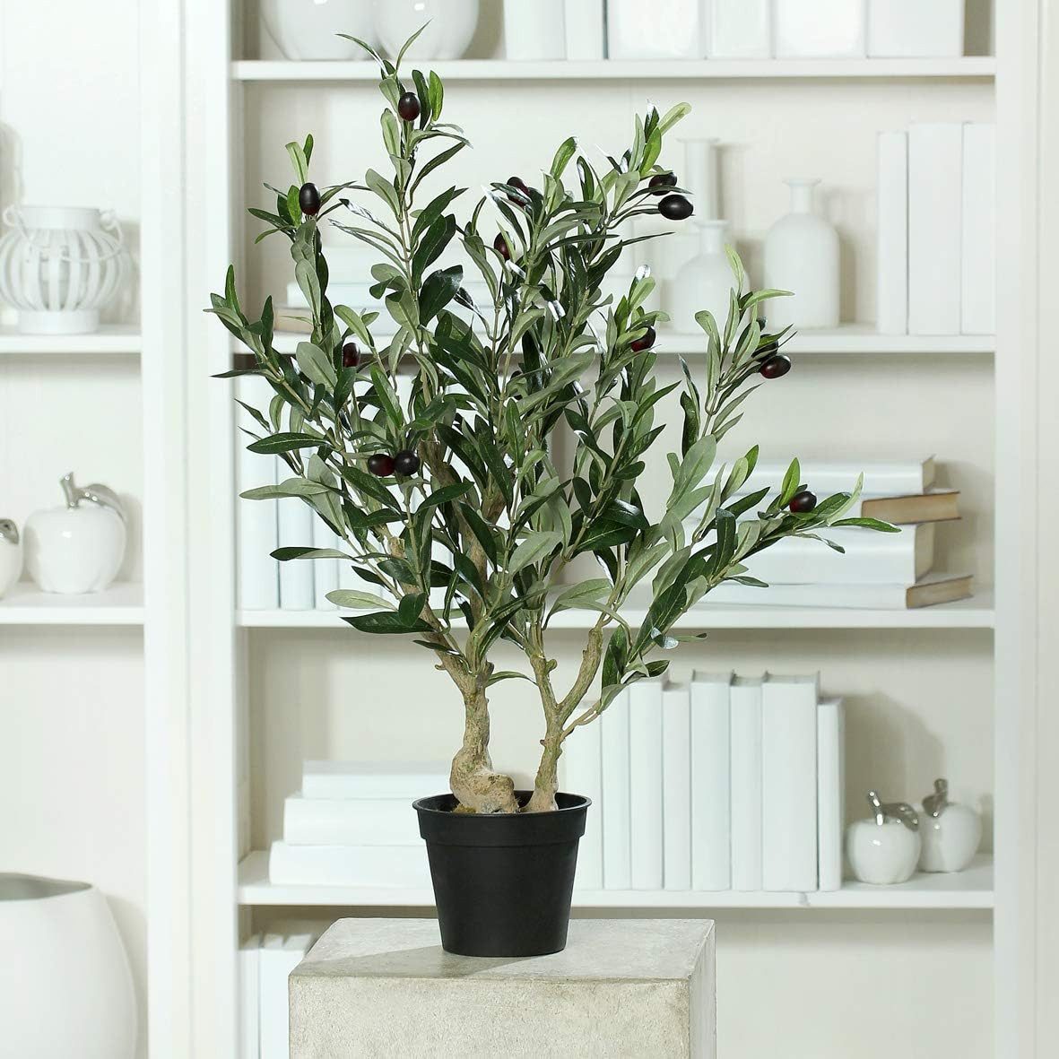 Kunstbaum Künstlicher Olivenbaum schwarzen Oliven im schwarzen Topfpflanze, mucPlants, Höhe 65 cm