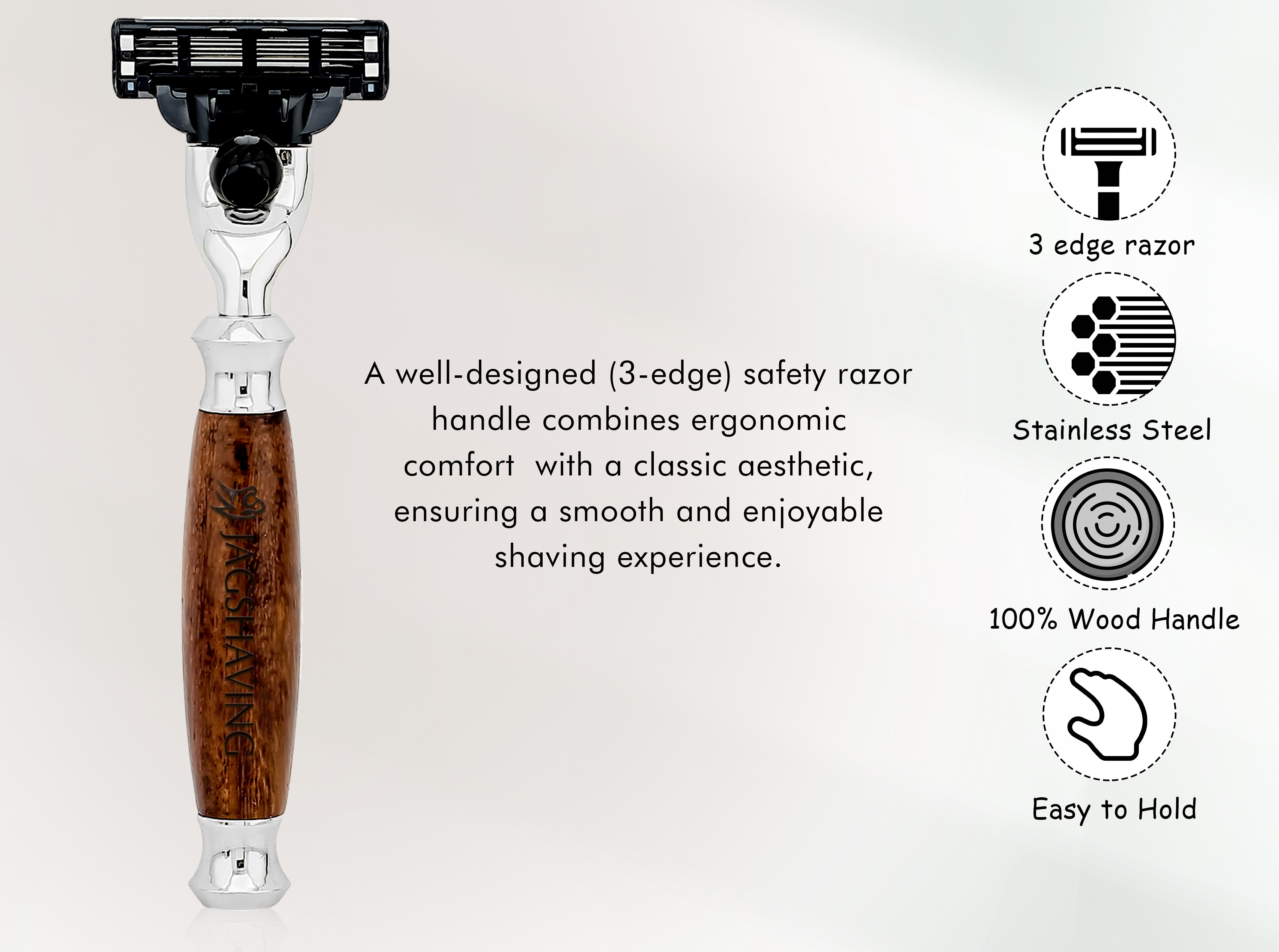 JAG SHAVING Rasierhobel 3-Kanten-Rasierklingen für Herren, Rasierer aus Holz und Metall, economy pieces, 1-tlg., Premiumdesign, along with Mach 3 Gillette-Patrone
