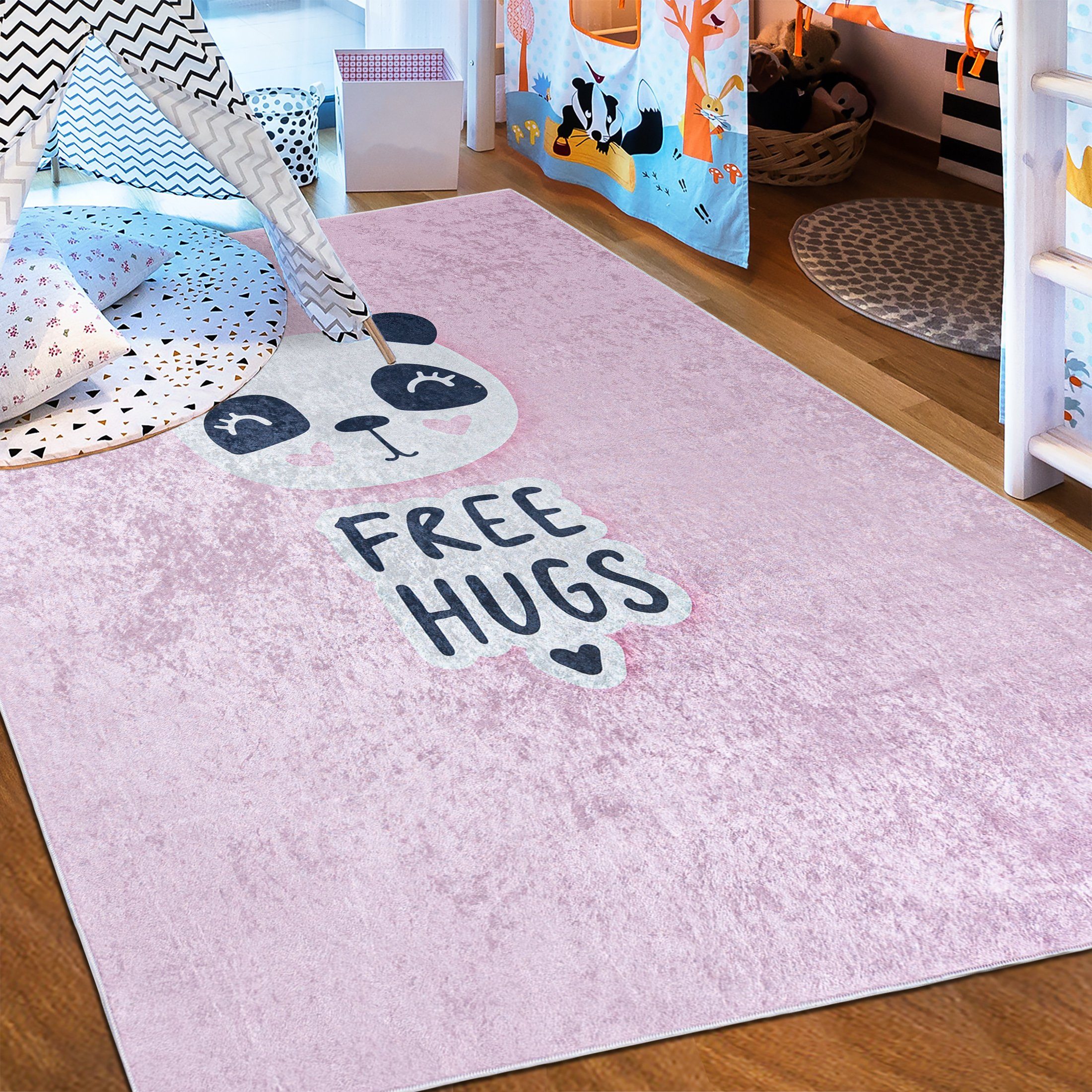 Kinderteppich Kinderteppich Kinderzimmerteppich Panda, Mazovia, 80 x 150 cm, Kurflor, Waschbar in Waschmaschine, Höhe 5 mm, Rutschfest Rosa Pink / 2554
