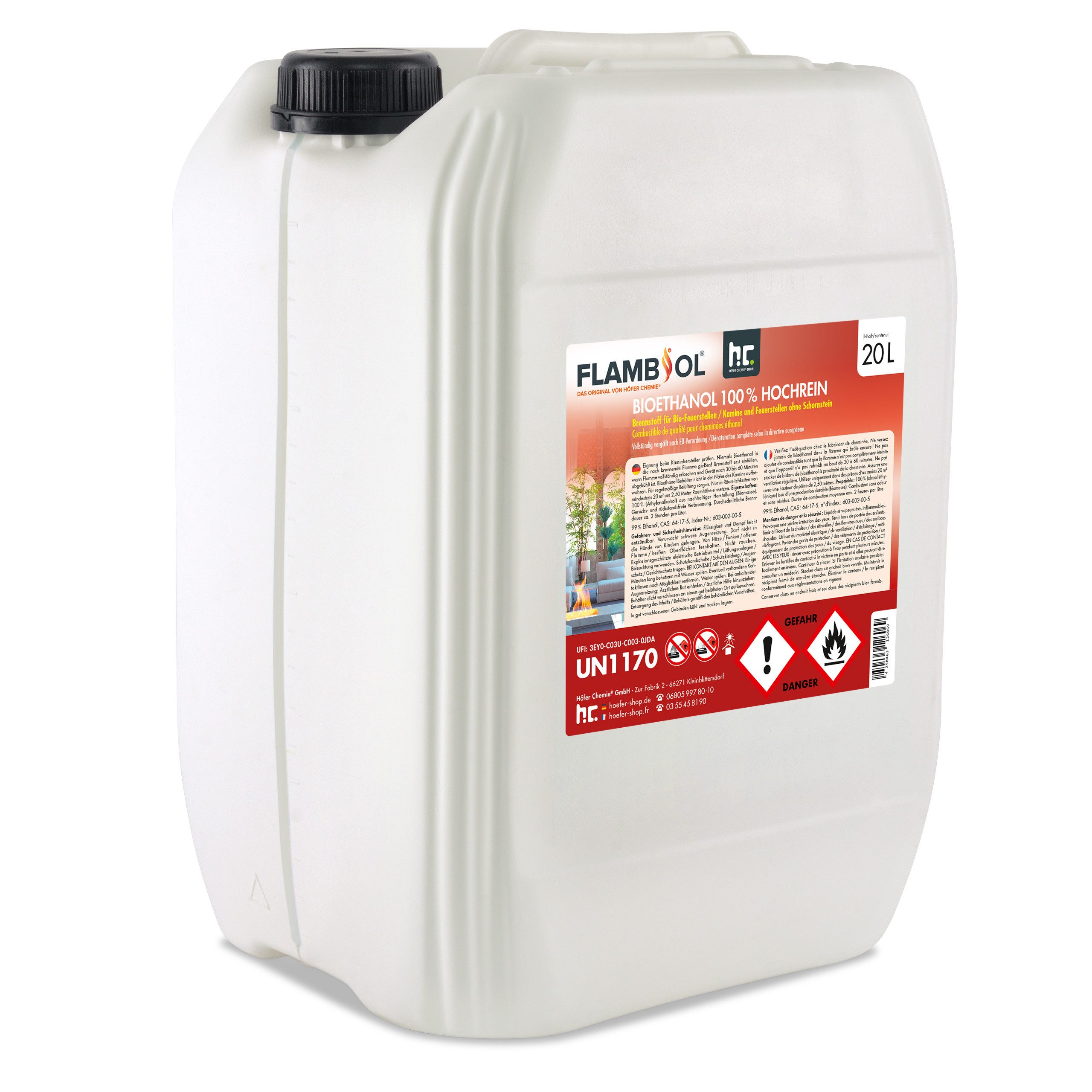Höfer Chemie GmbH Bioethanol 20 L FLAMBIOL® Bioethanol 100% Hochrein, 20 l, (1-St), Saubere Verbrennung ohne Ruß