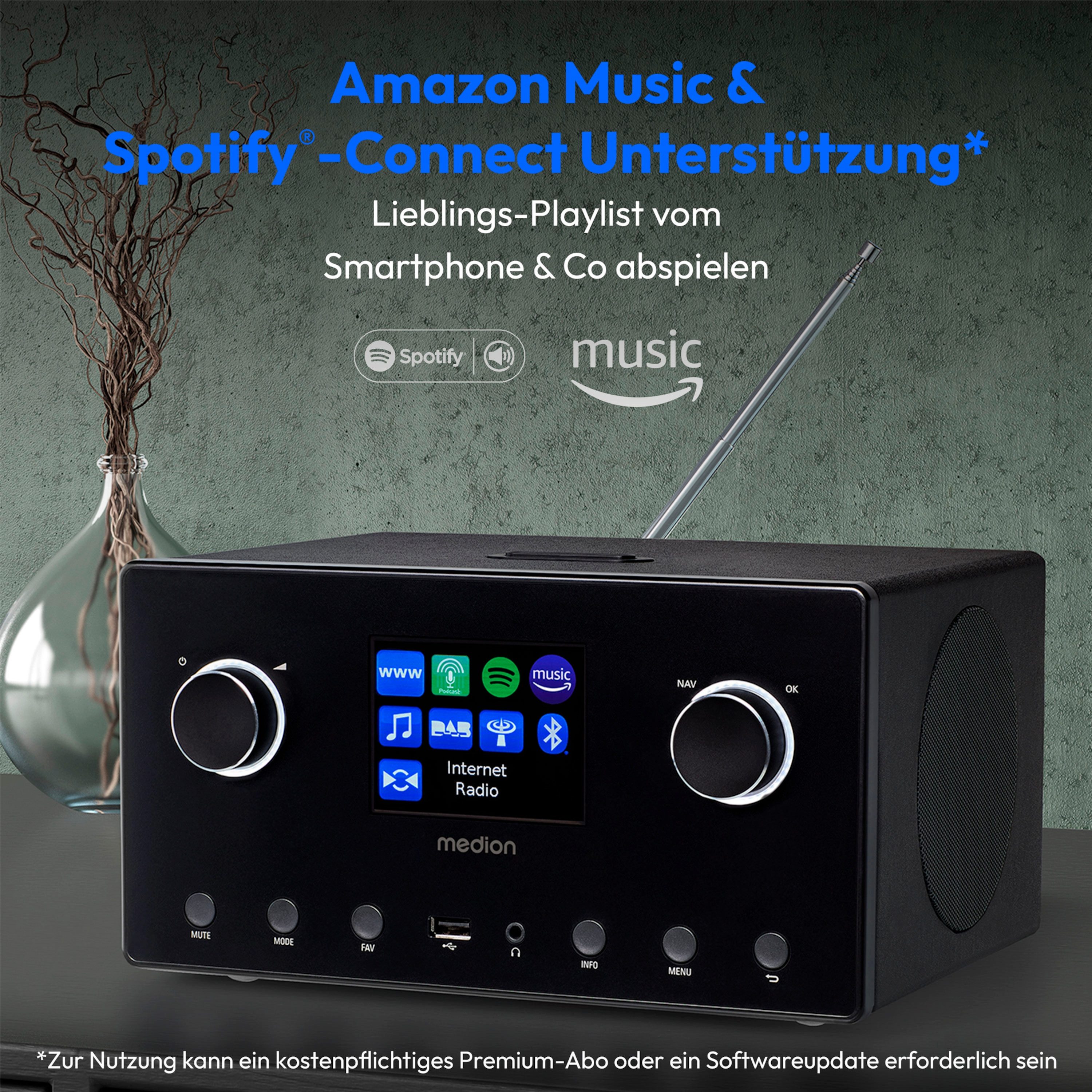 Medion® Internetradio MEDION® LIFE® P85444 (MD89295) Radio (Amazon Music, MW/UKW, DAB+, Spotify, WiFi, AM/FM, 30 W, DAB+ UKW Radio, WLAN, Bluetooth, 8,1 cm (3,2) TFT-Farbdisplay)