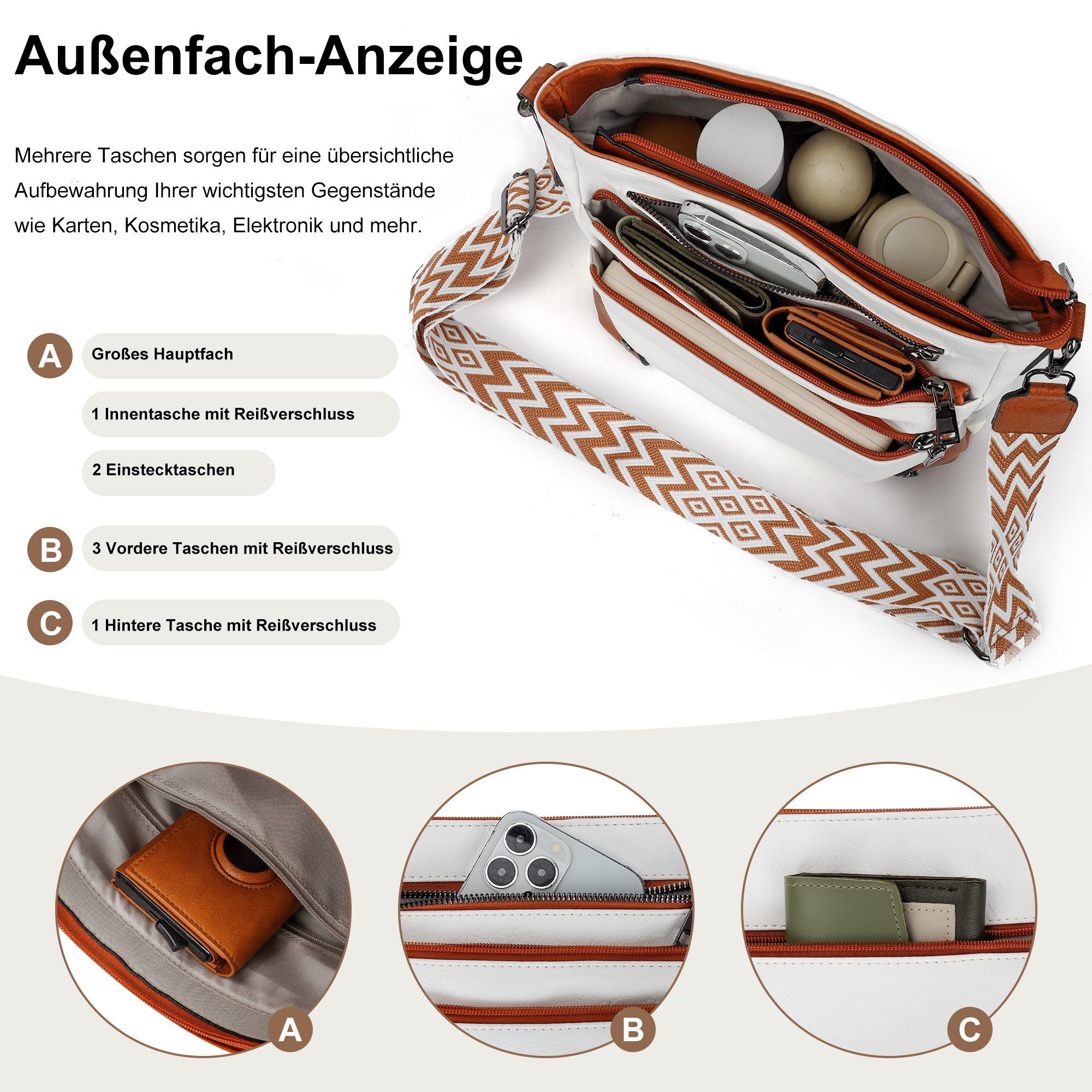 TAN.TOMI Umhängetasche Damen Mittelgroß Schultertasche Mehrere Taschen Crossbody Bag, Mit Verstellbarem Gurt für Schule Arbeit Reisen Ausflug Einkauf
