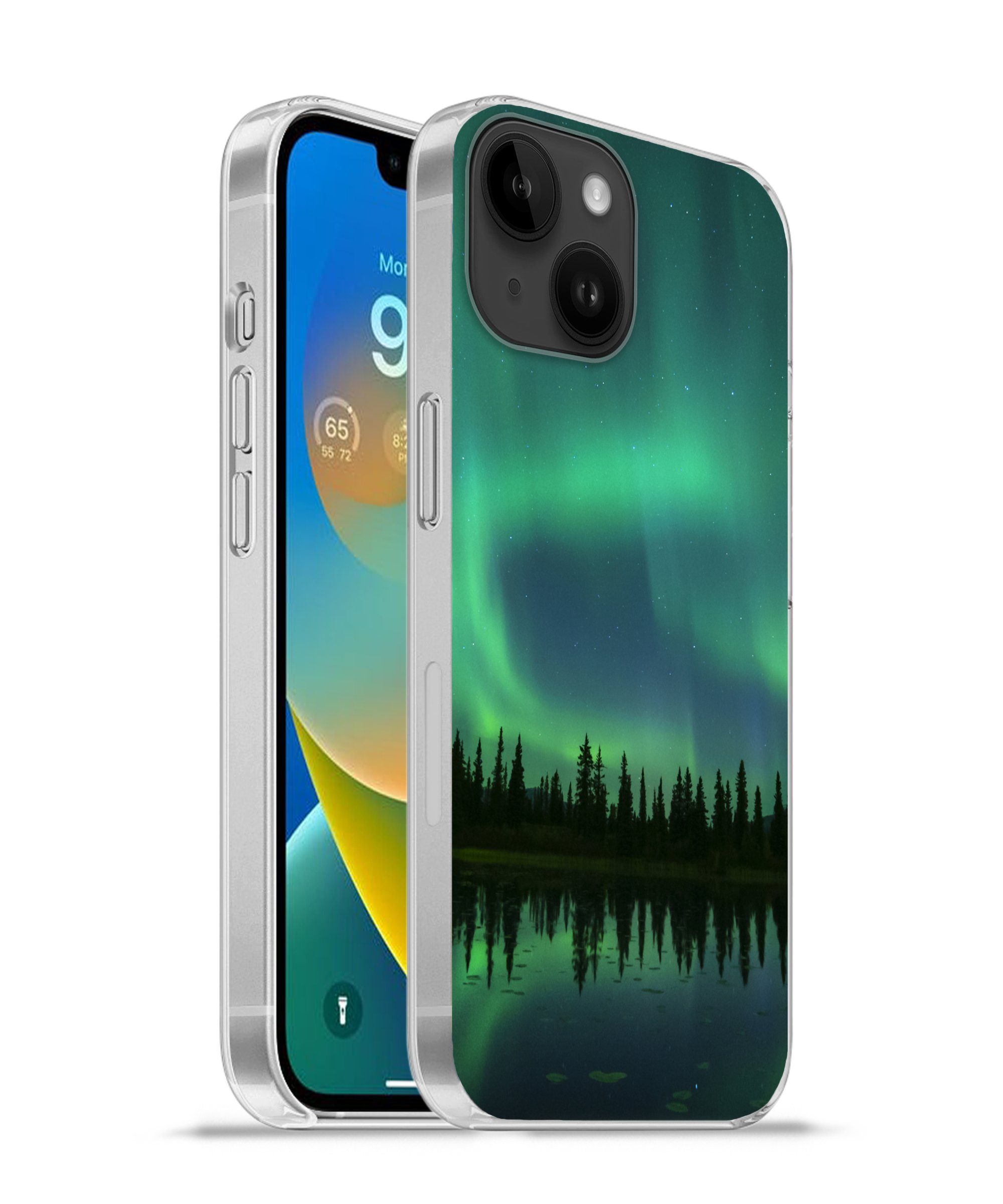 Handyhülle für Apple iPhone 14 Nordlicht - Bäume - Wasser - Alaska